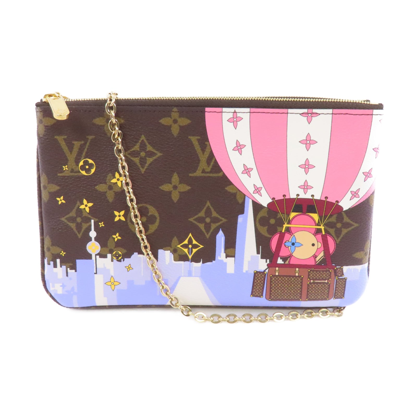 LOUIS VUITTON Monogram Pochette Double Zip金扣鏈帶肩背袋棕色