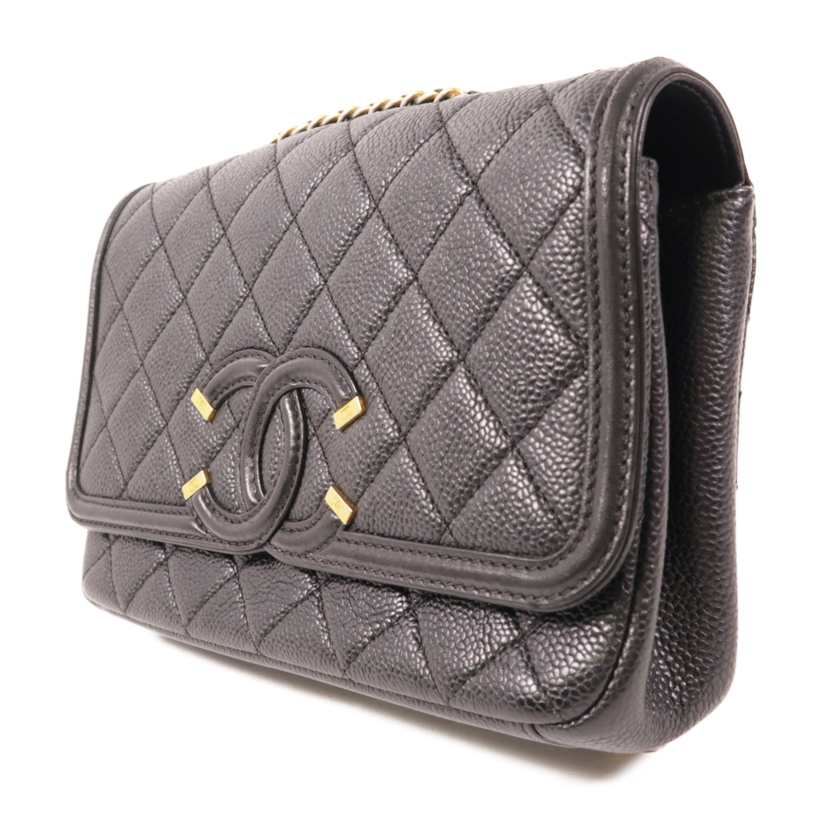 CHANEL 牛皮皮革Chain Shoulder金扣鏈帶肩背袋