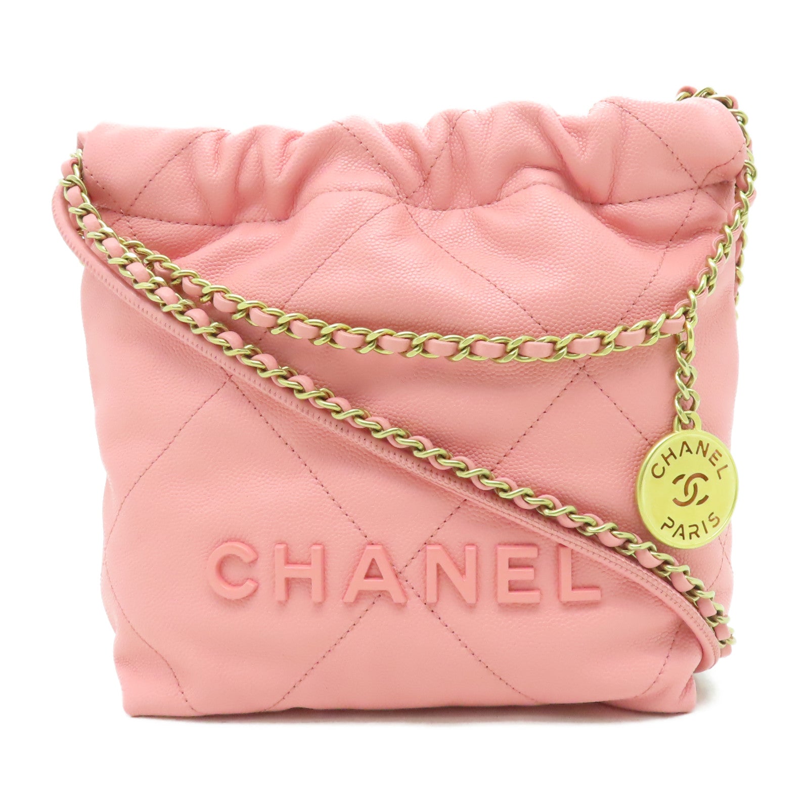 CHANEL 【激減優惠】Caviar皮革Mini 22金扣肩背袋粉紅色