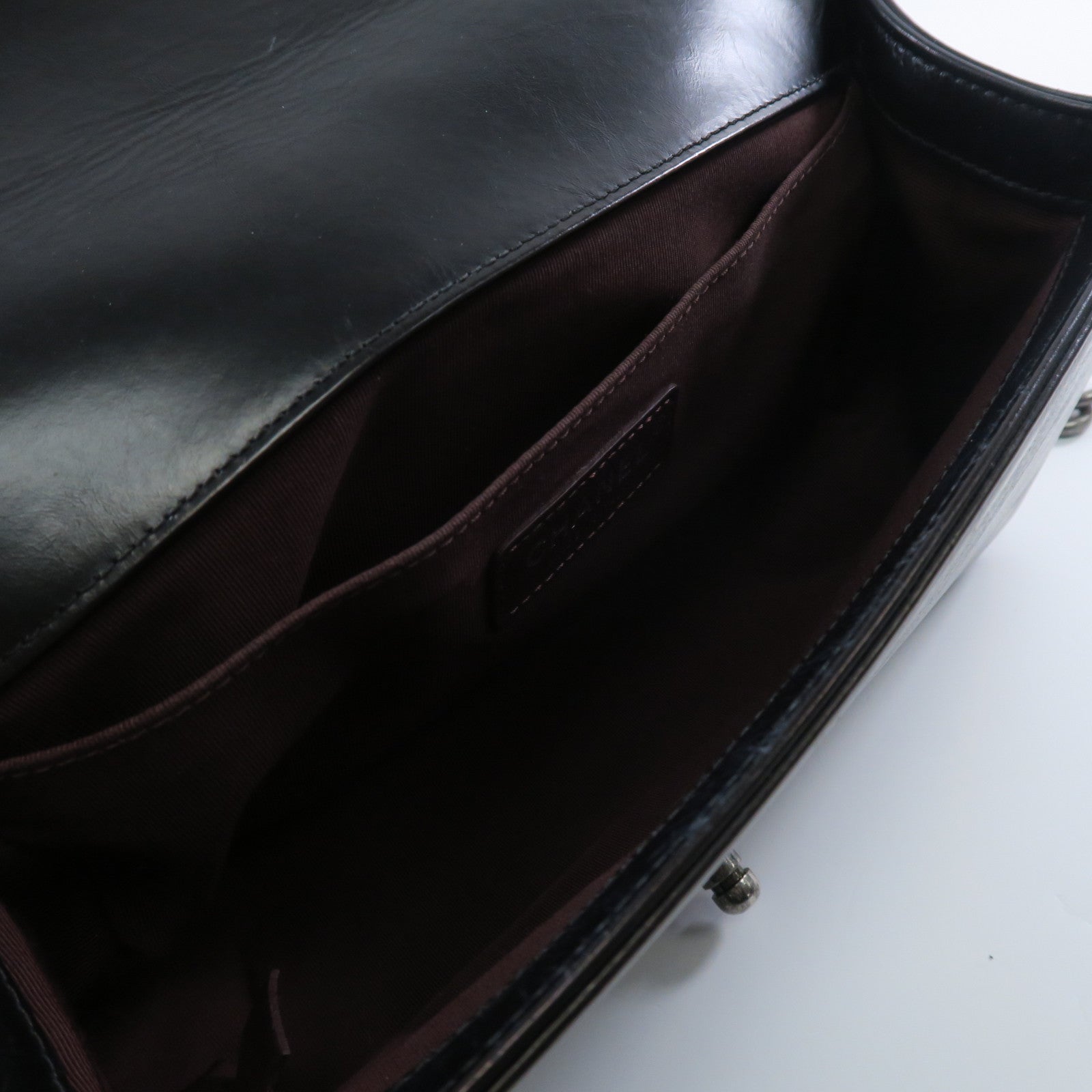 CHANEL 羊皮皮革Boy 25銀扣鏈帶肩背袋黑色