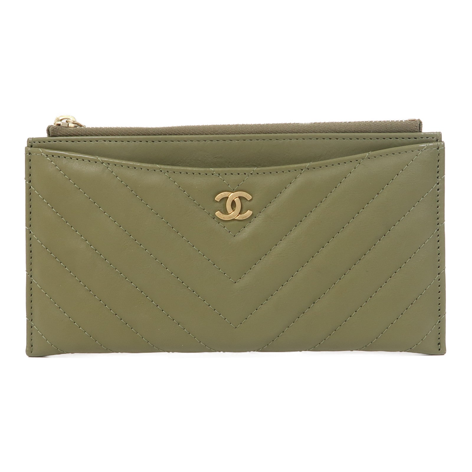 CHANEL 斜紋牛皮皮革Long Wallet金扣長錢包綠色