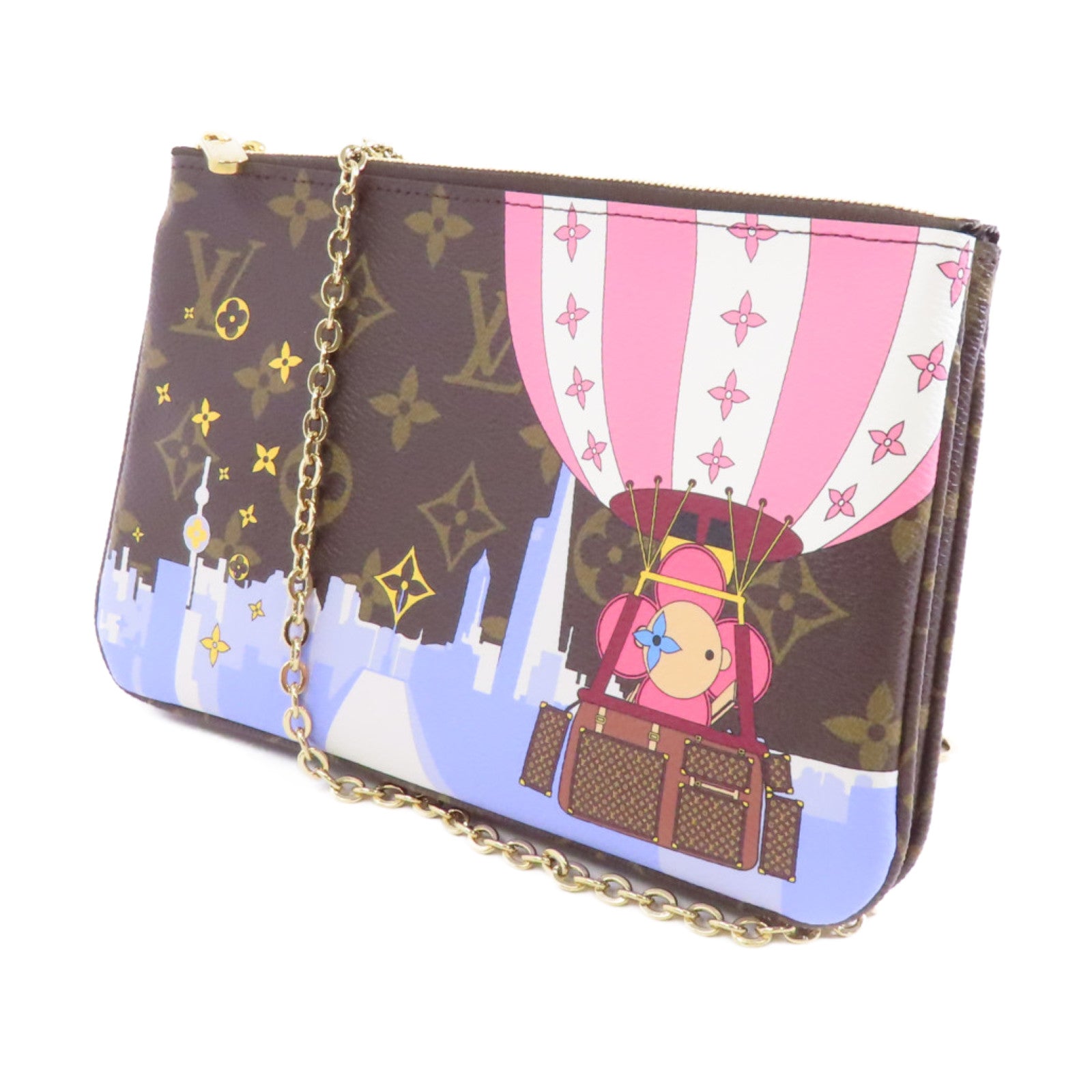 LOUIS VUITTON Monogram Pochette Double Zip金扣鏈帶肩背袋棕色