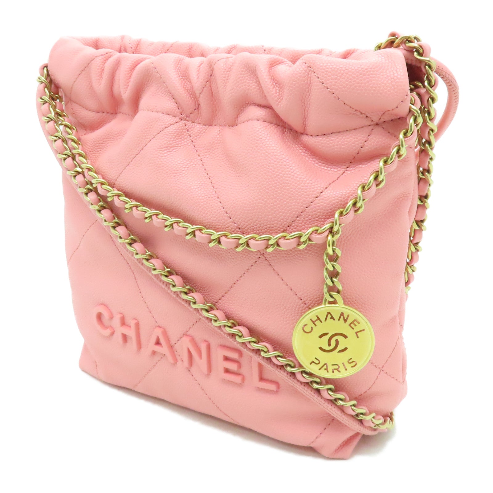 CHANEL 【激減優惠】Caviar皮革Mini 22金扣肩背袋粉紅色