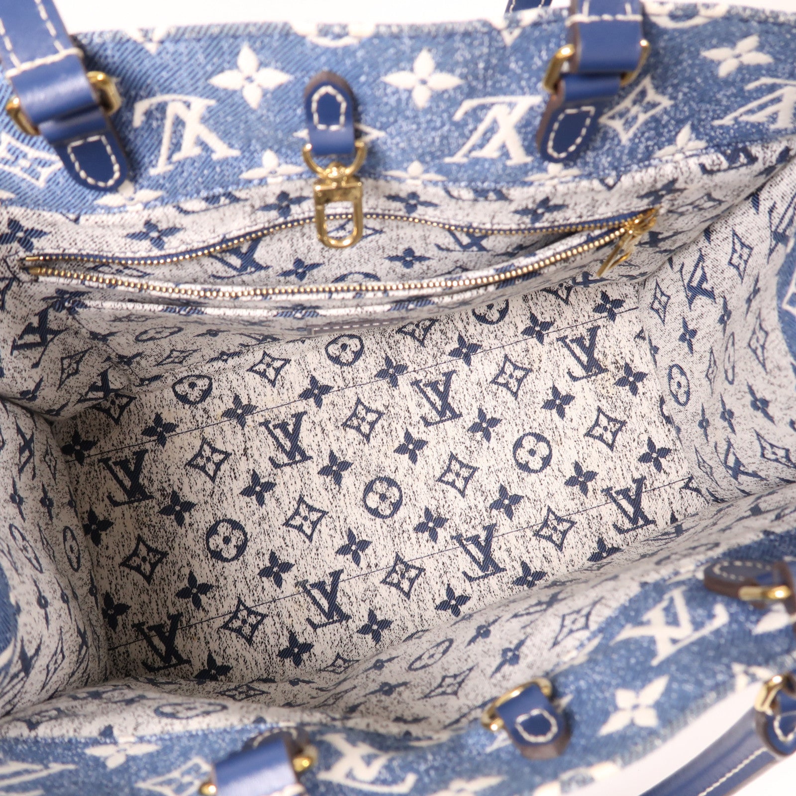 LOUIS VUITTON Monogram Denim OnTheGo MM金扣手挽肩背兩用袋藍色