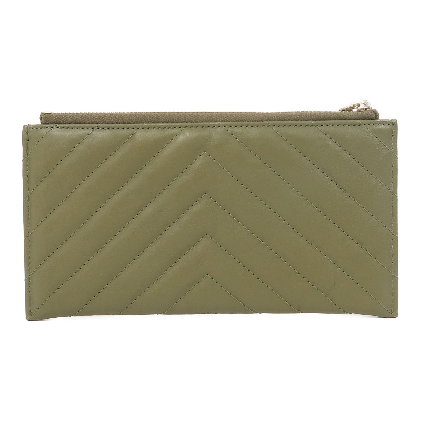 CHANEL 斜紋牛皮皮革Long Wallet金扣長錢包綠色