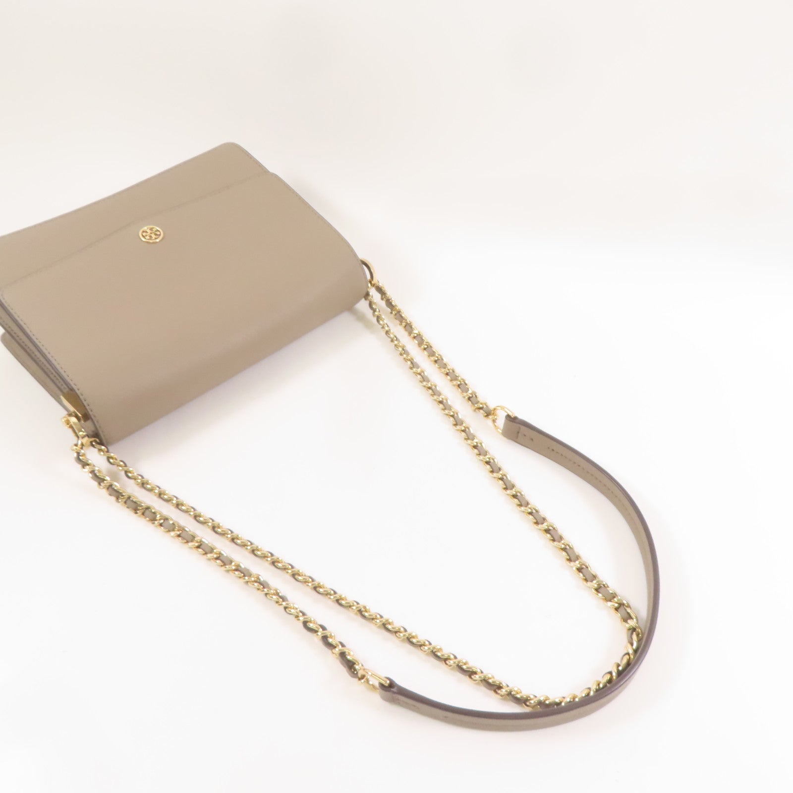 Tory Burch 牛皮皮革Shoulder Bag金扣肩背袋卡其色