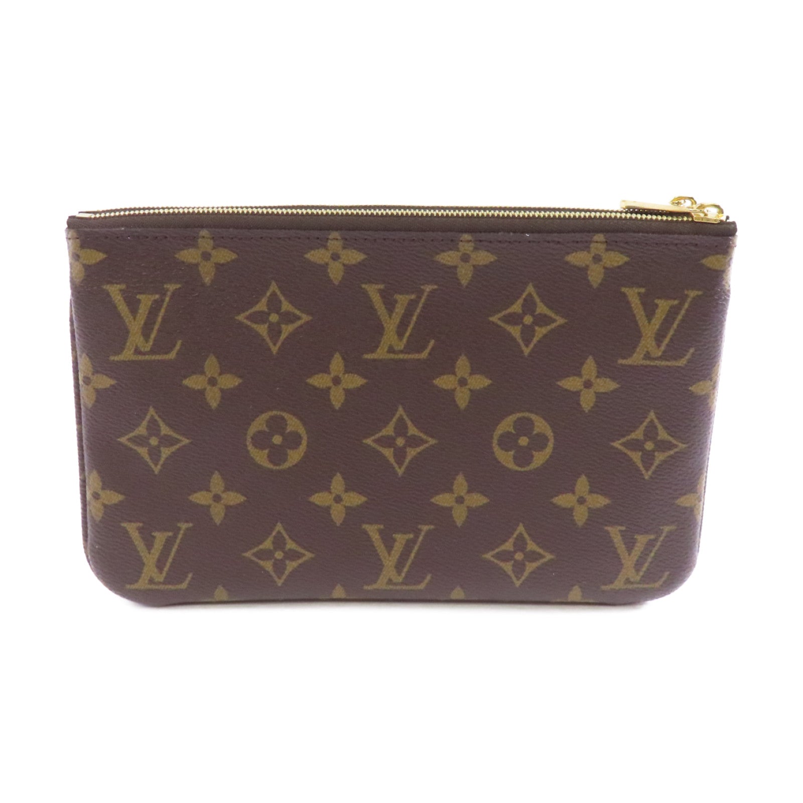 LOUIS VUITTON Monogram Pochette Double Zip金扣鏈帶肩背袋棕色