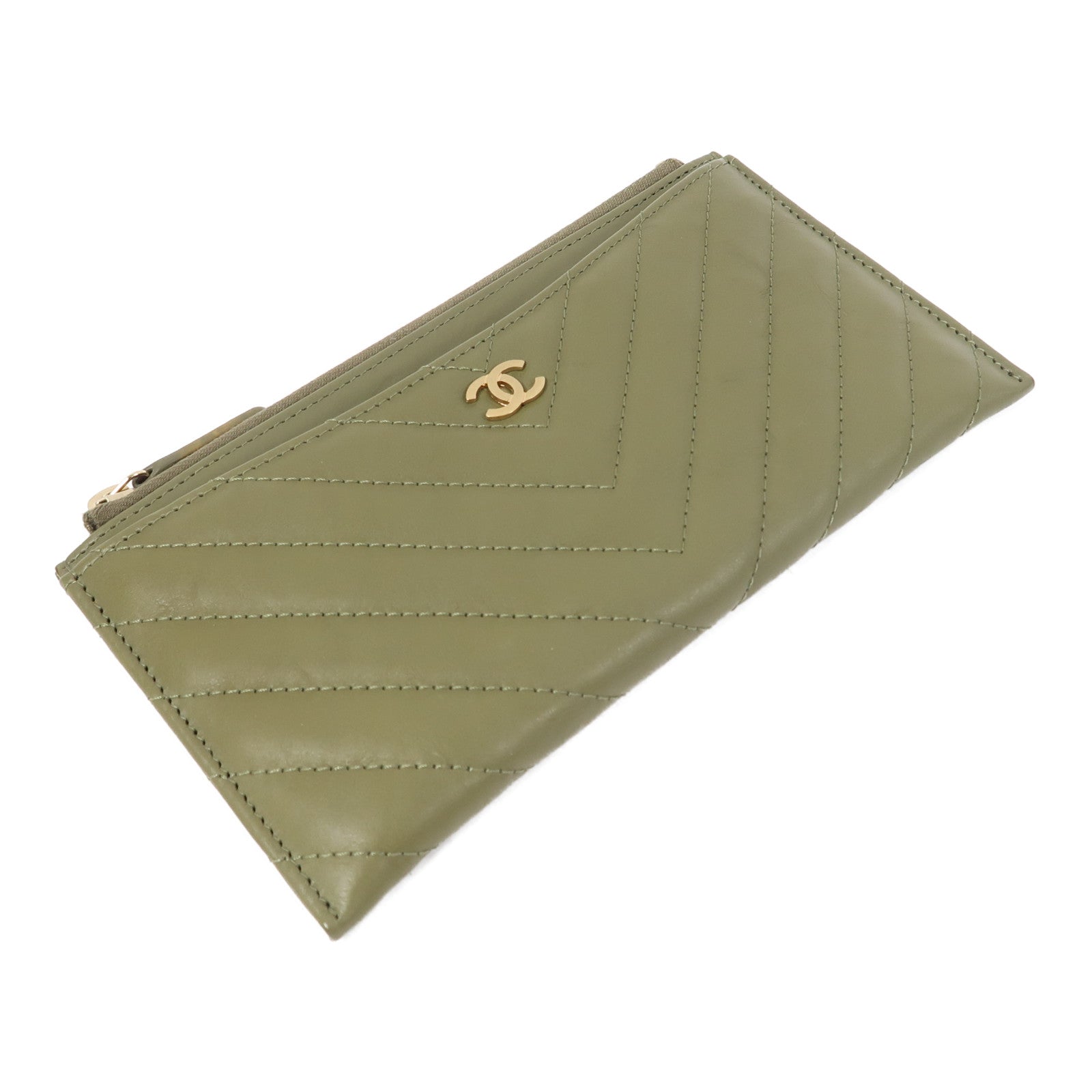 CHANEL 斜紋牛皮皮革Long Wallet金扣長錢包綠色