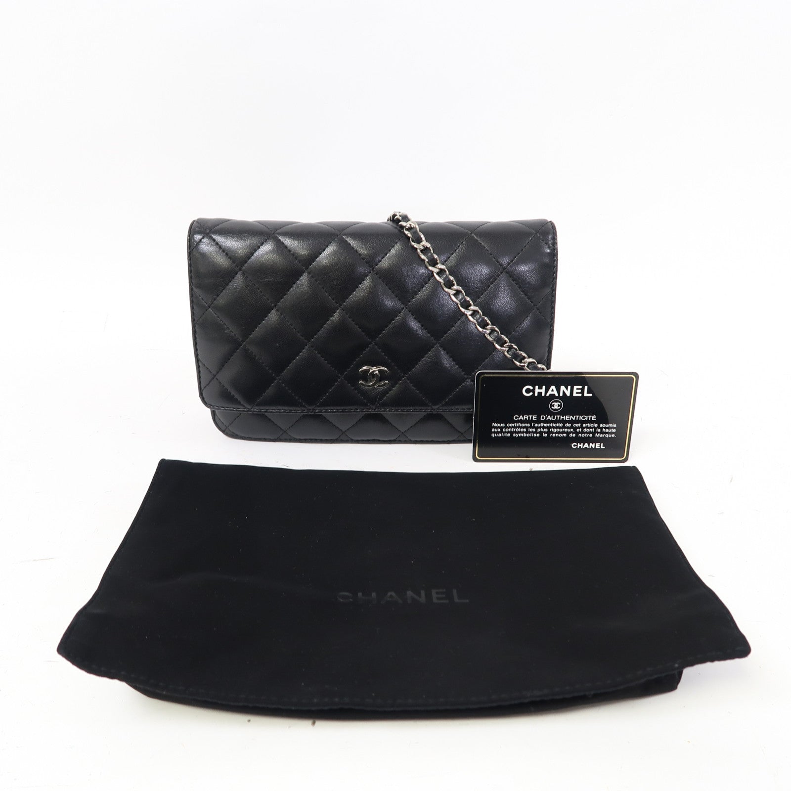 CHANEL 菱格羊皮皮革WOC銀扣鏈帶肩背袋黑色