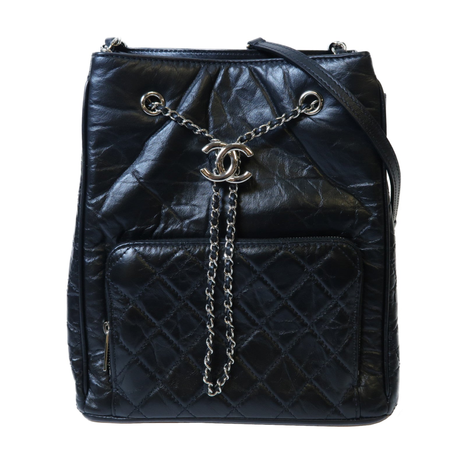 CHANEL 菱格牛皮皮革Shoulder Bag銀扣肩背袋黑色