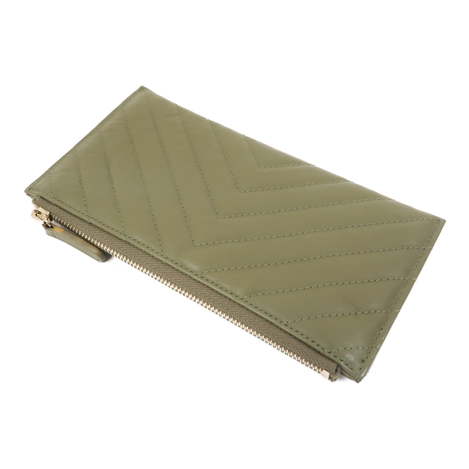 CHANEL 斜紋牛皮皮革Long Wallet金扣長錢包綠色