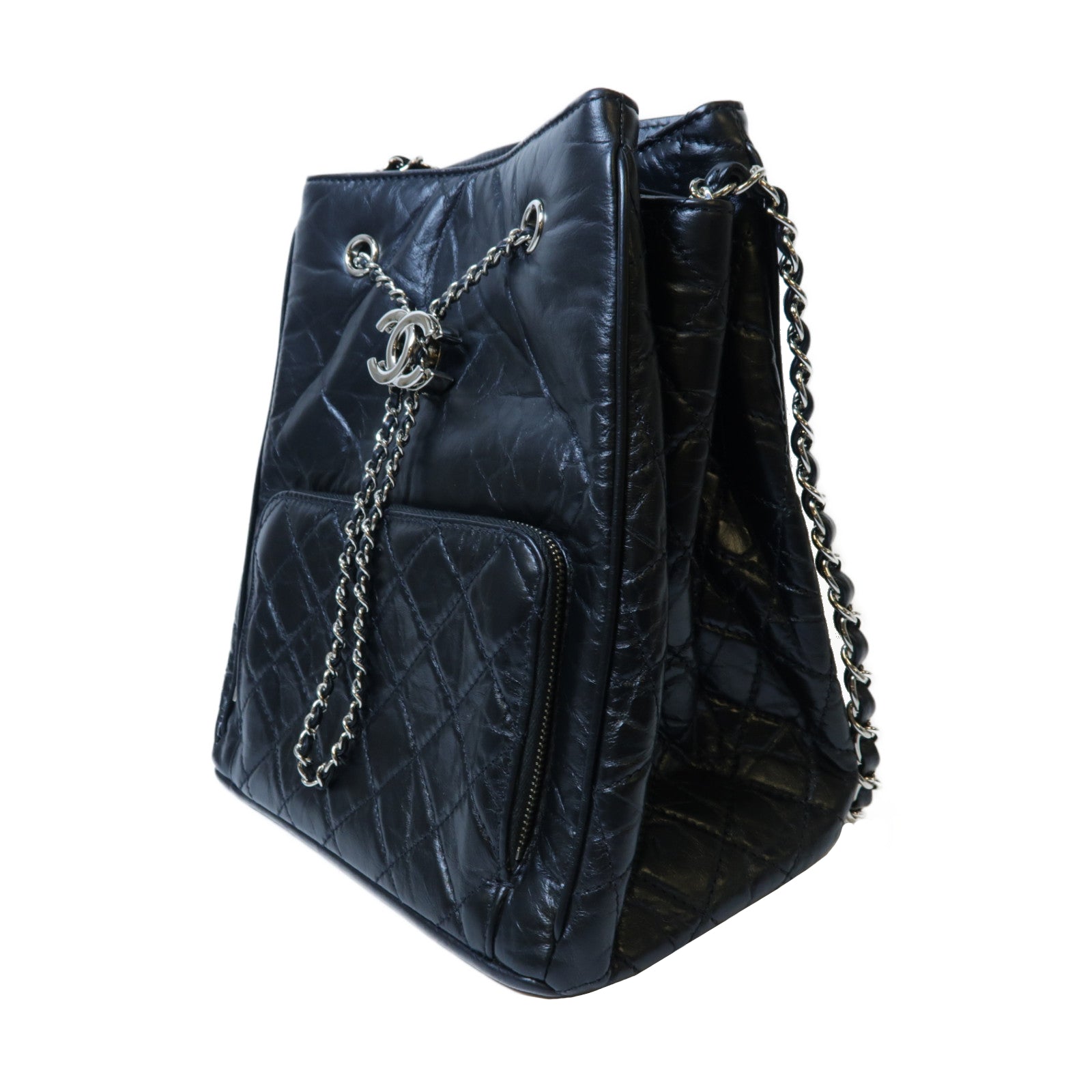 CHANEL 菱格牛皮皮革Shoulder Bag銀扣肩背袋黑色