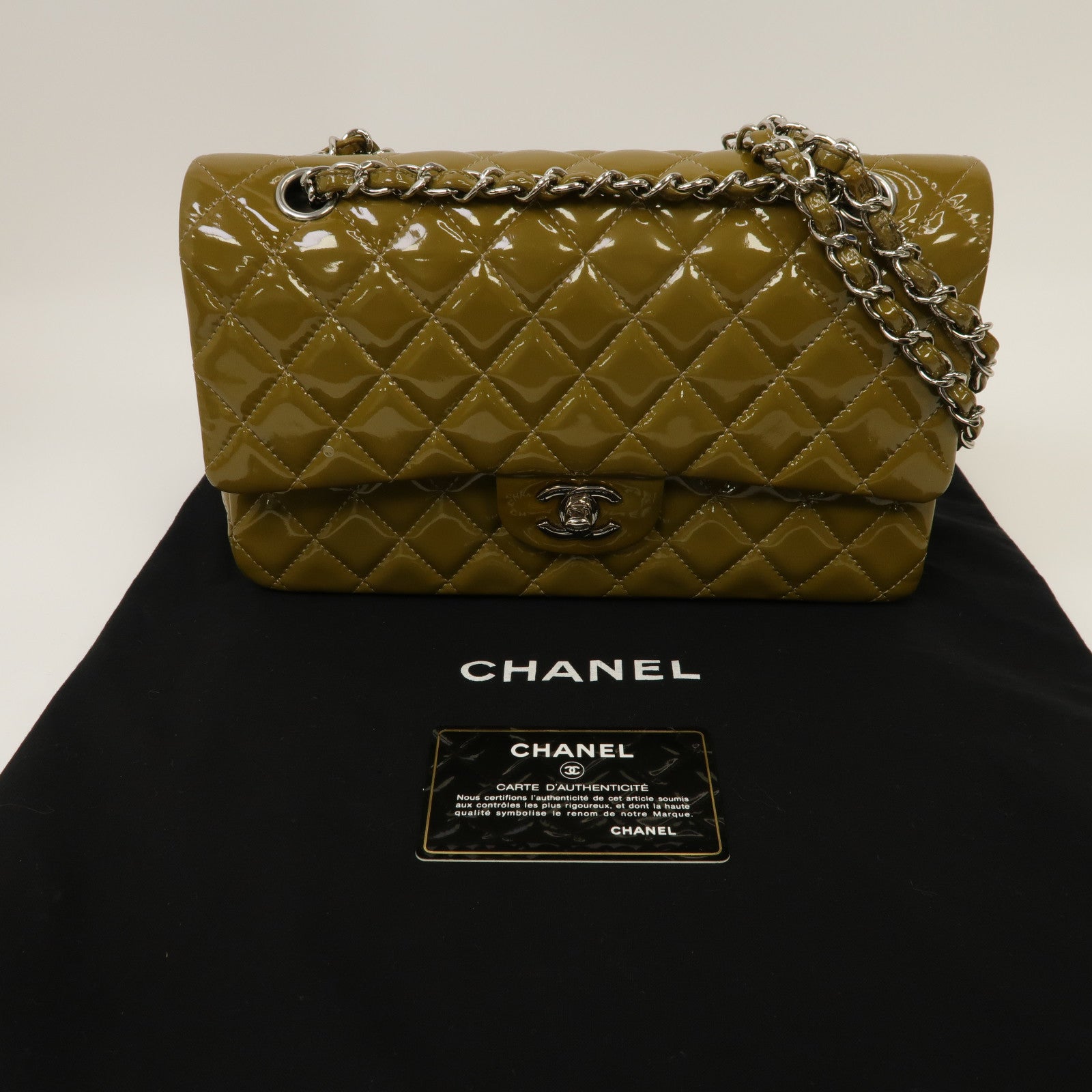 CHANEL 【激減優惠】菱格漆皮皮革Classic Flap 25銀扣鏈帶肩背袋綠色/灰色