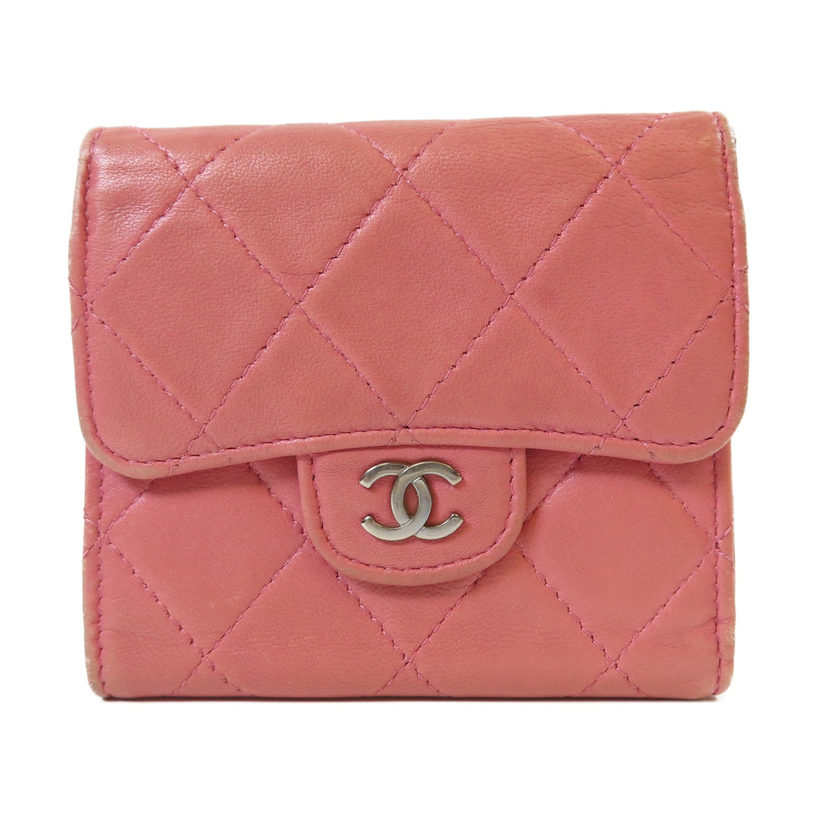 CHANEL 【激減優惠】菱格羊皮皮革Trifold Wallet銀扣錢包粉紅色