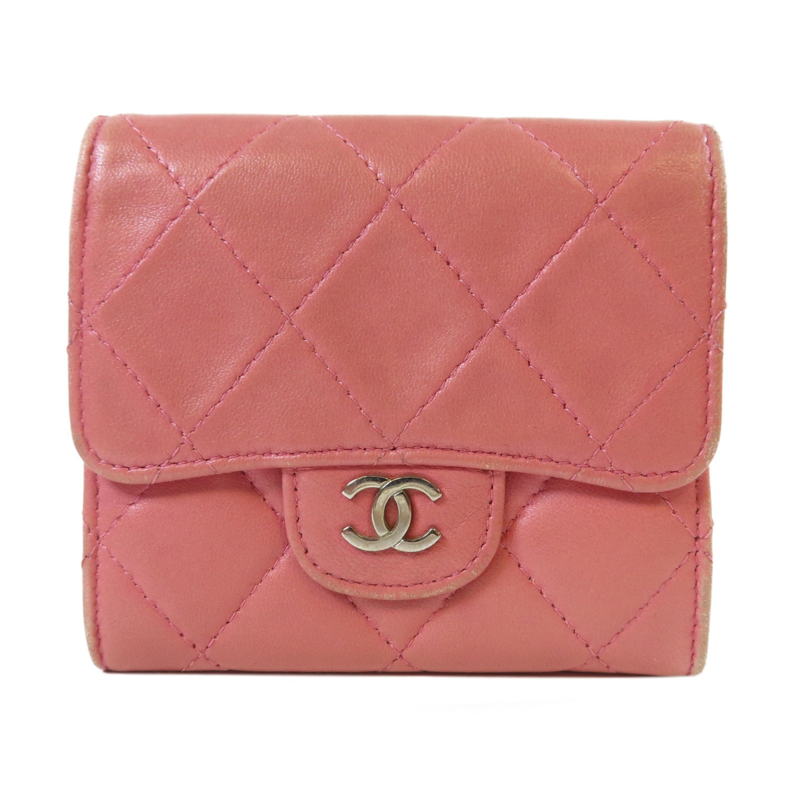 CHANEL 【激減優惠】菱格羊皮皮革Trifold Wallet銀扣錢包粉紅色