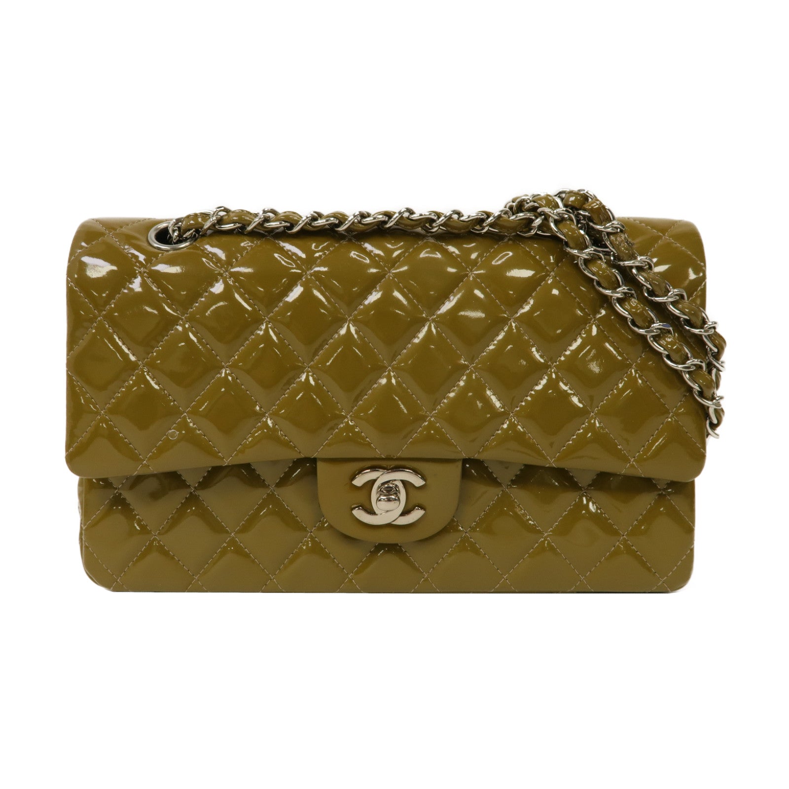 CHANEL 【激減優惠】菱格漆皮皮革Classic Flap 25銀扣鏈帶肩背袋綠色/灰色