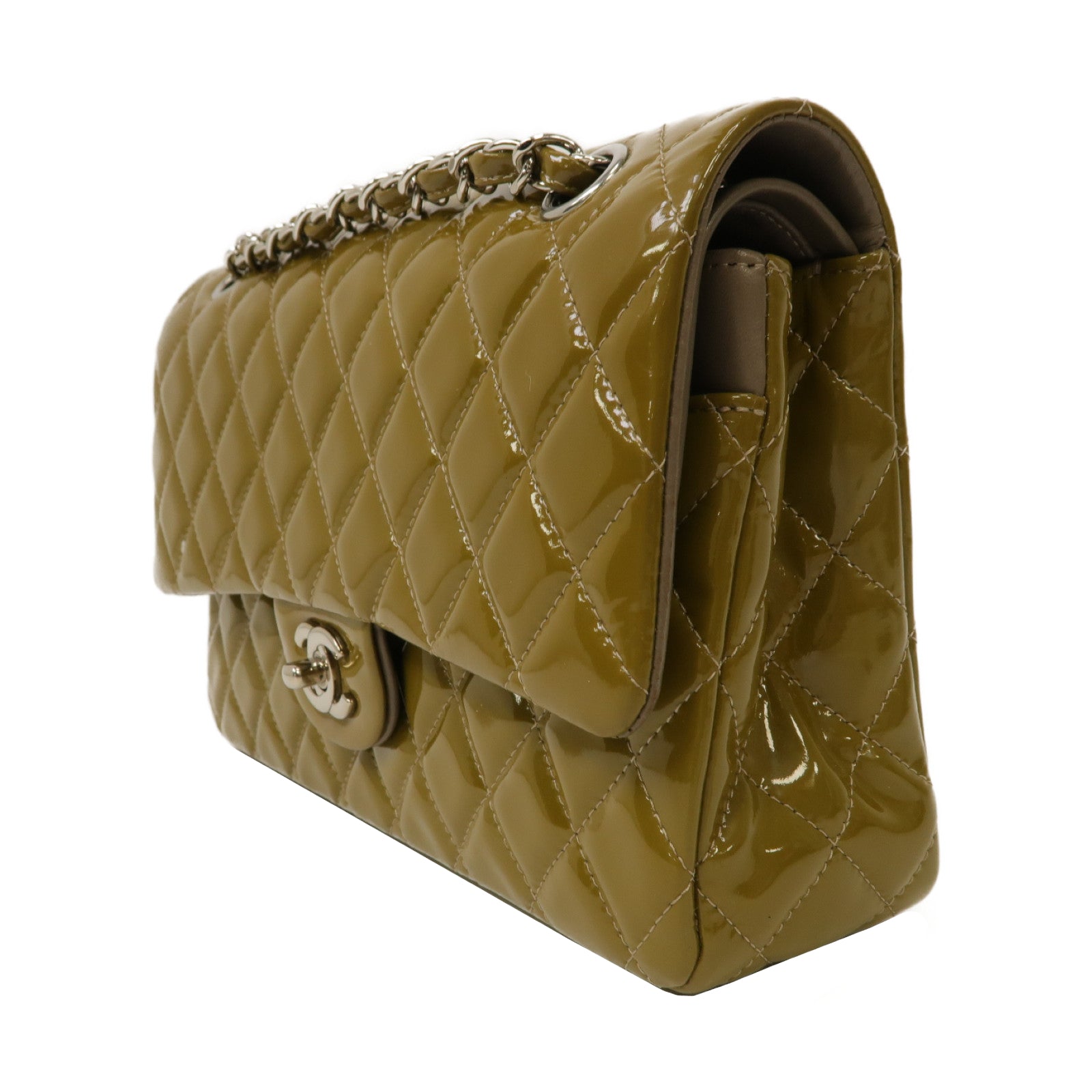 CHANEL 【激減優惠】菱格漆皮皮革Classic Flap 25銀扣鏈帶肩背袋綠色/灰色