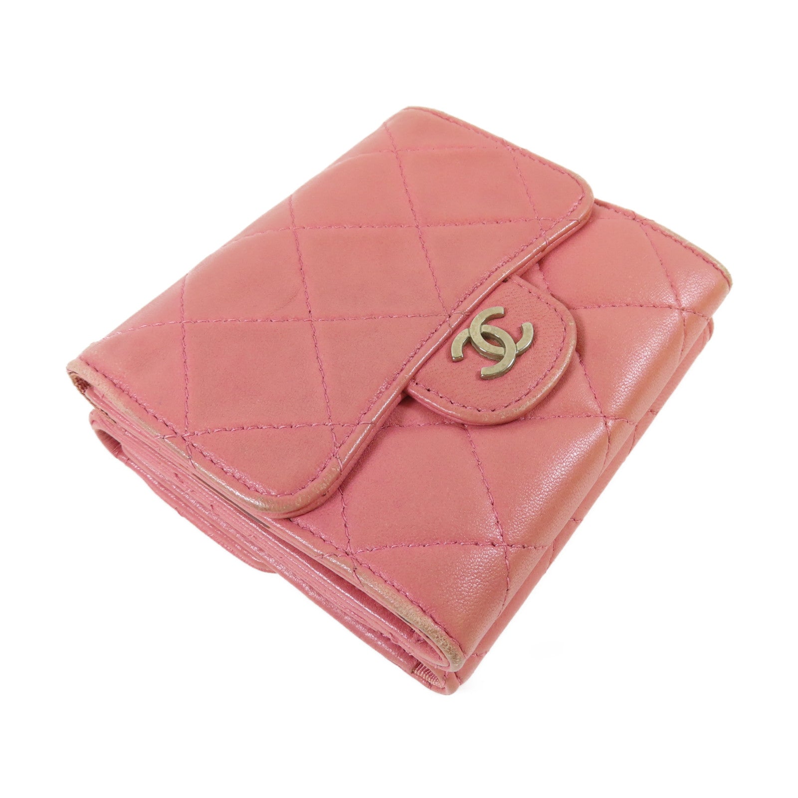 CHANEL 【激減優惠】菱格羊皮皮革Trifold Wallet銀扣錢包粉紅色
