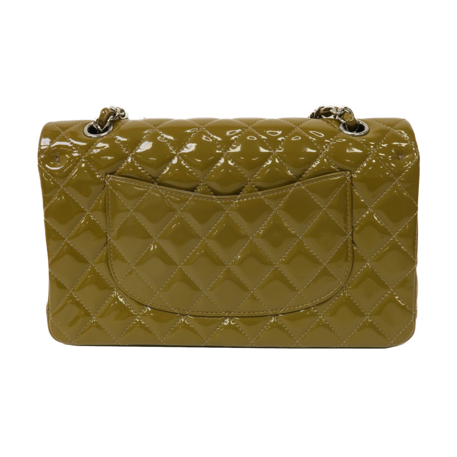 CHANEL 【激減優惠】菱格漆皮皮革Classic Flap 25銀扣鏈帶肩背袋綠色/灰色
