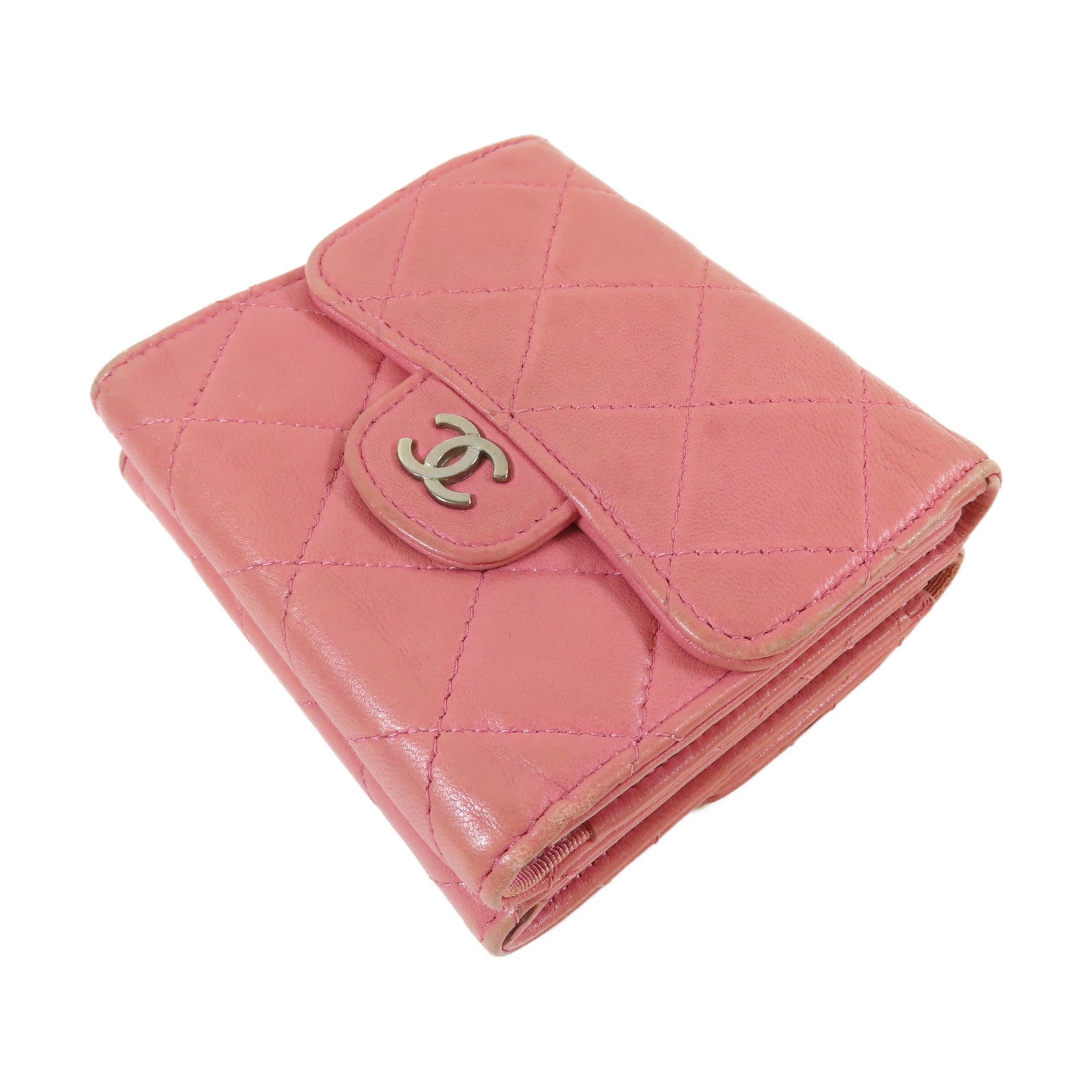 CHANEL 【激減優惠】菱格羊皮皮革Trifold Wallet銀扣錢包粉紅色
