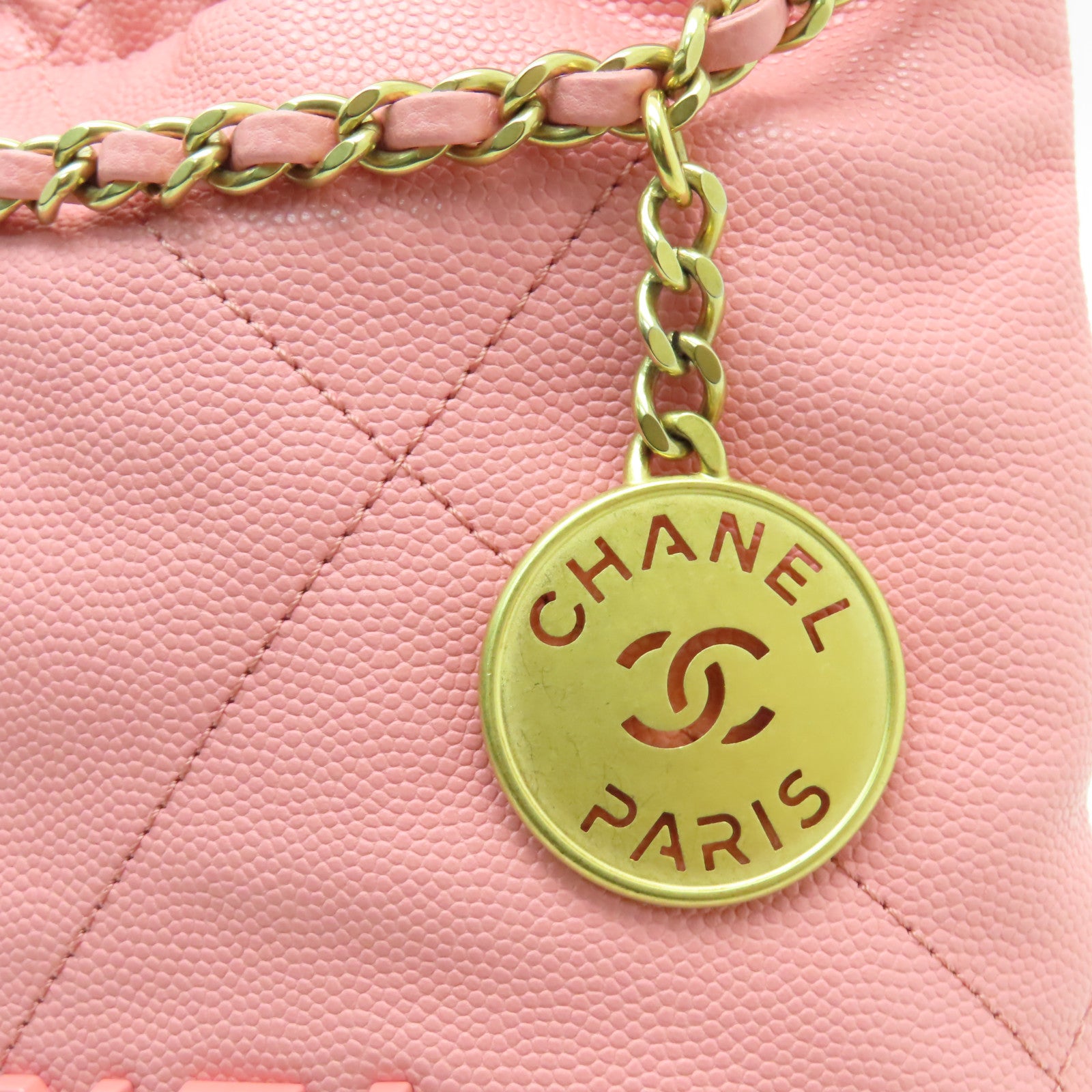 CHANEL 【激減優惠】Caviar皮革Mini 22金扣肩背袋粉紅色