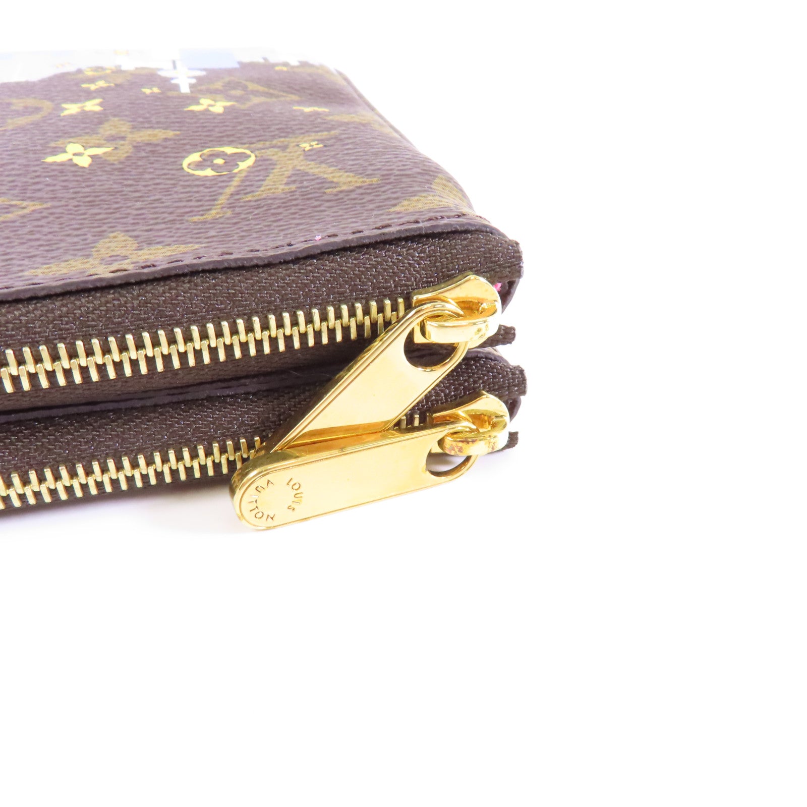 LOUIS VUITTON Monogram Pochette Double Zip金扣鏈帶肩背袋棕色