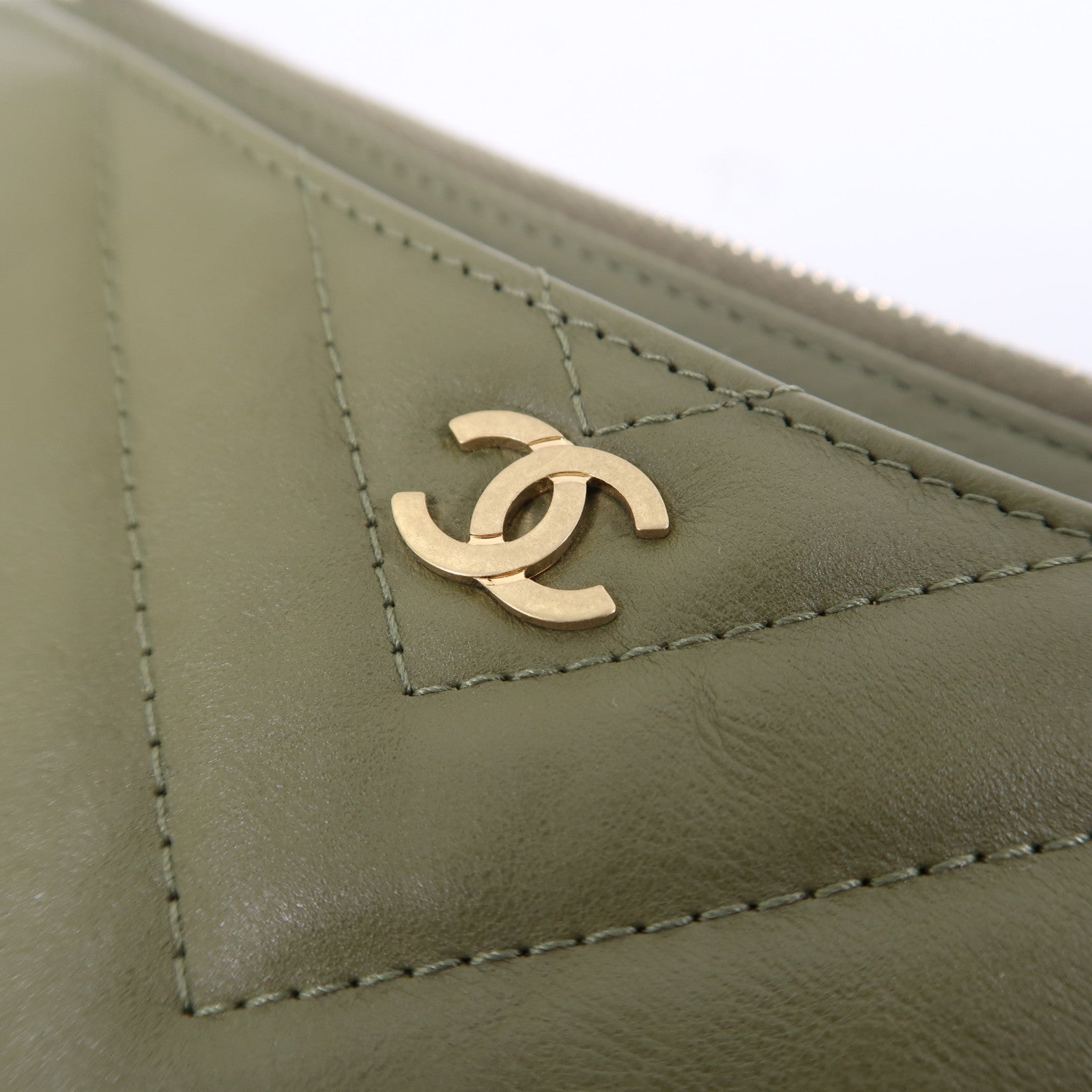 CHANEL 斜紋牛皮皮革Long Wallet金扣長錢包綠色