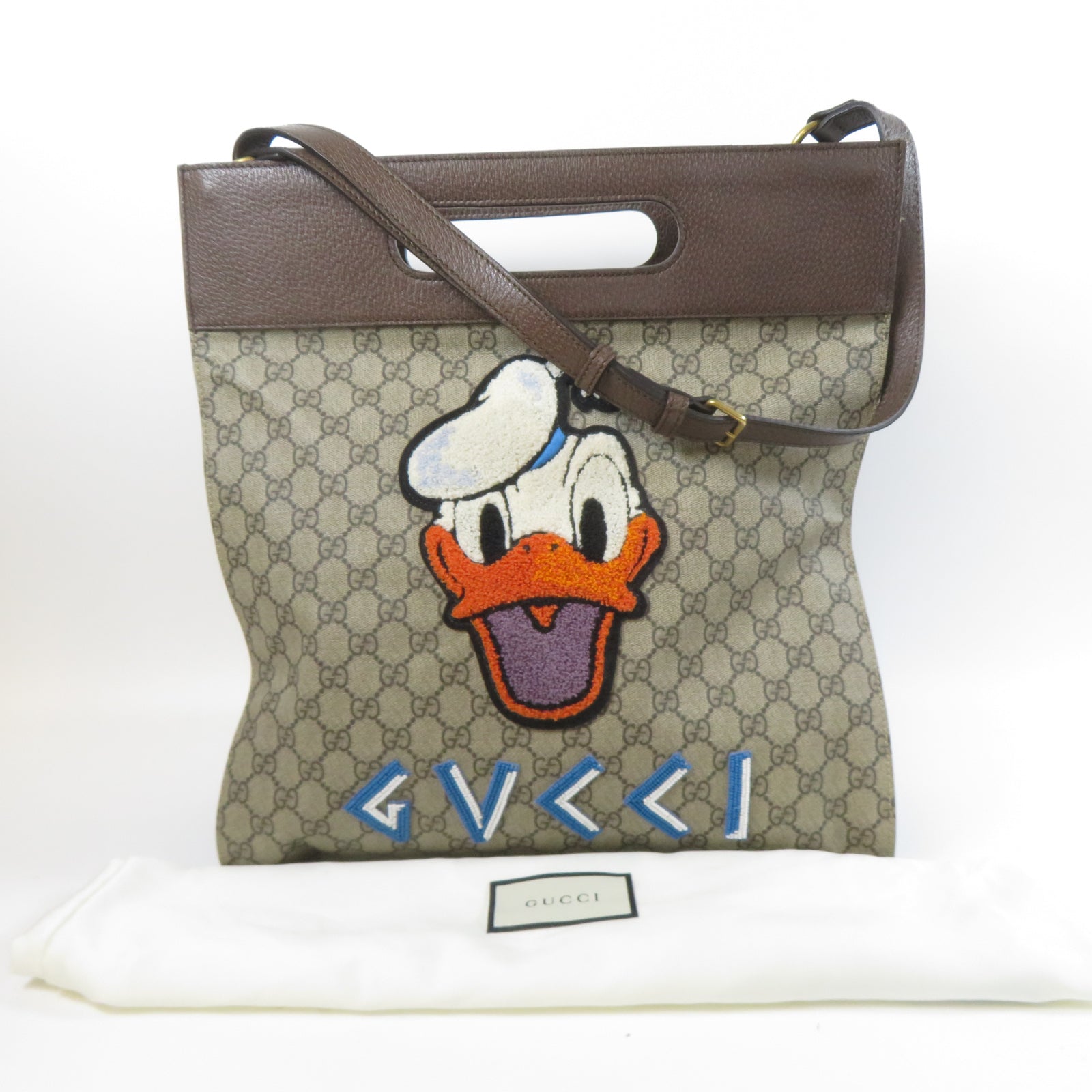 GUCCI 塗層帆布Disney x Gucci Donald Duck 2 Way Shoulder金扣手挽肩背兩用袋啡色
