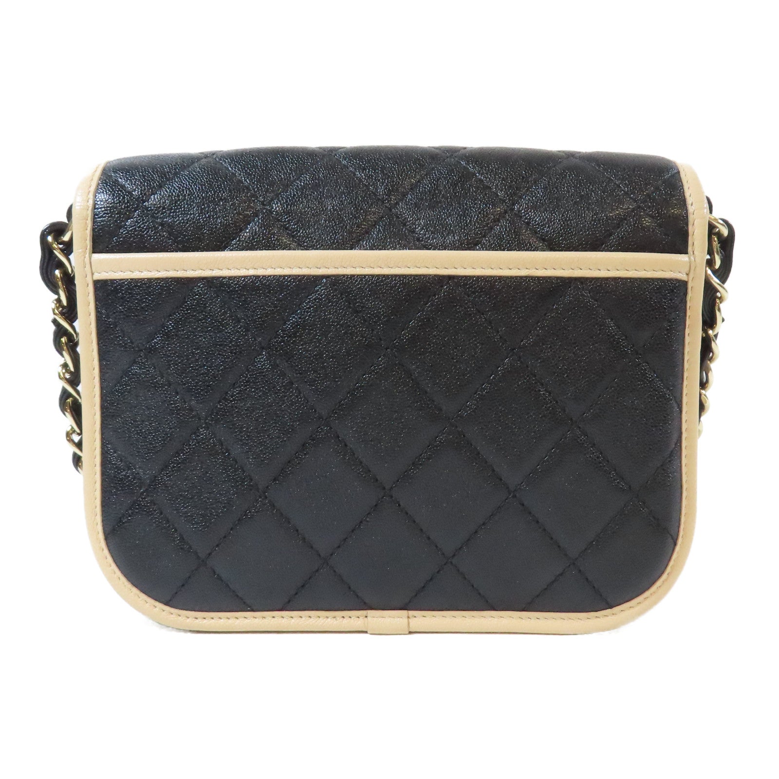 CHANEL 菱格Caviar皮革Messenger Bag金扣鏈帶肩背袋黑色/米色