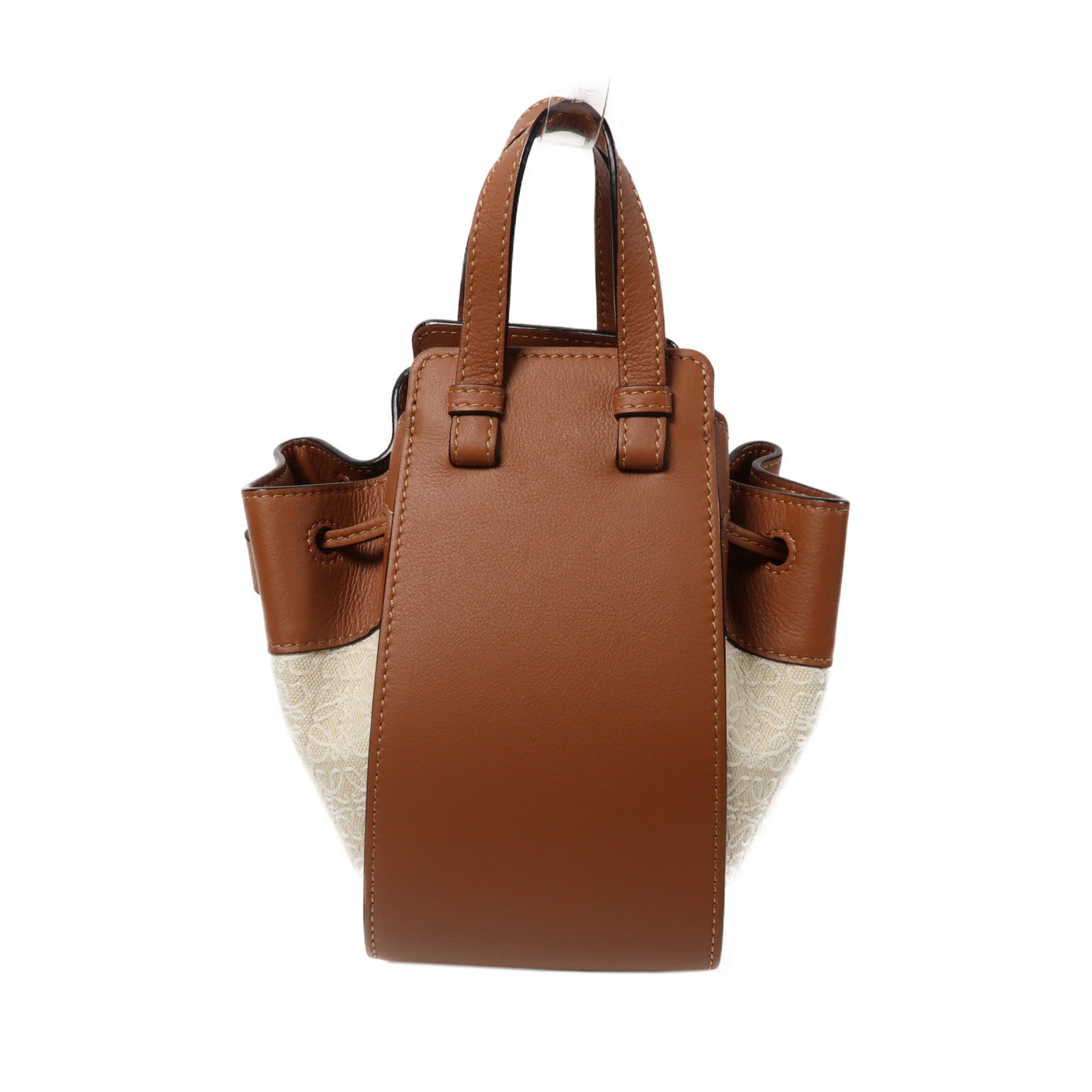 LOEWE 帆布Mini Hammock Drawstring Anagram金扣手挽肩背兩用袋白色/啡色