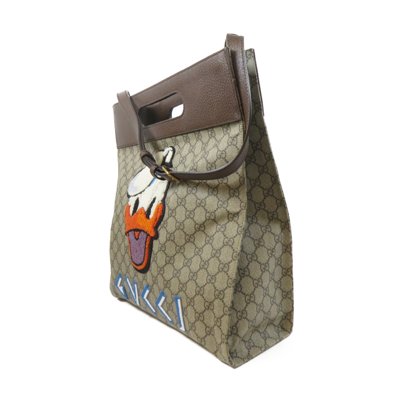 GUCCI 塗層帆布Disney x Gucci Donald Duck 2 Way Shoulder金扣手挽肩背兩用袋啡色