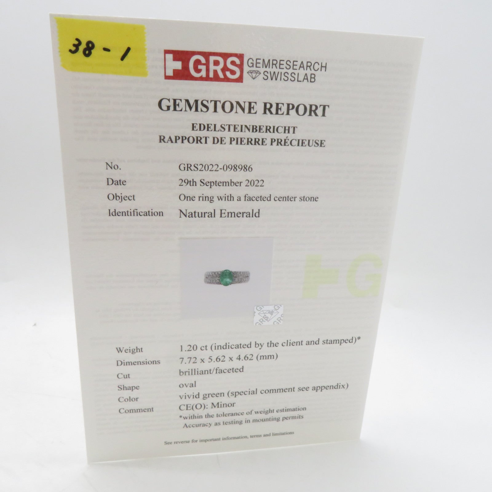 JEWELRY PT900鉑金Emerald Ring 1.20ct綠寶石/0.53ct鑚石戒指US#6