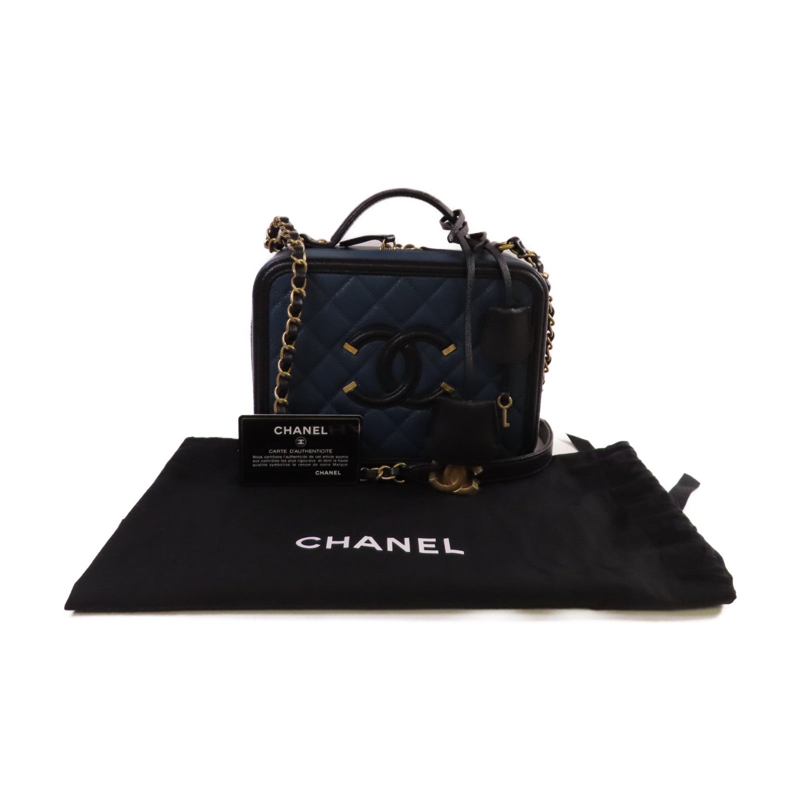 CHANEL 【激減優惠】菱格Caviar皮革Vanity Chain 2Way Shoulder Bag金扣鏈帶手挽肩背兩用袋寶藍色/黑色