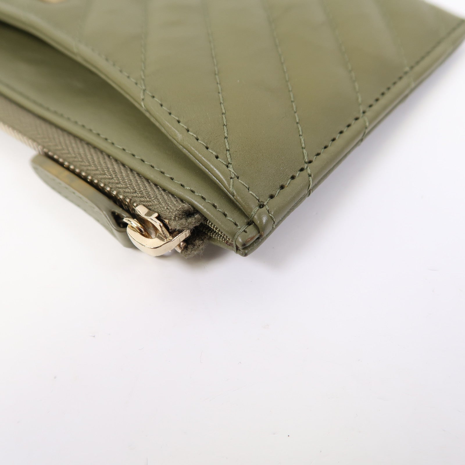 CHANEL 斜紋牛皮皮革Long Wallet金扣長錢包綠色