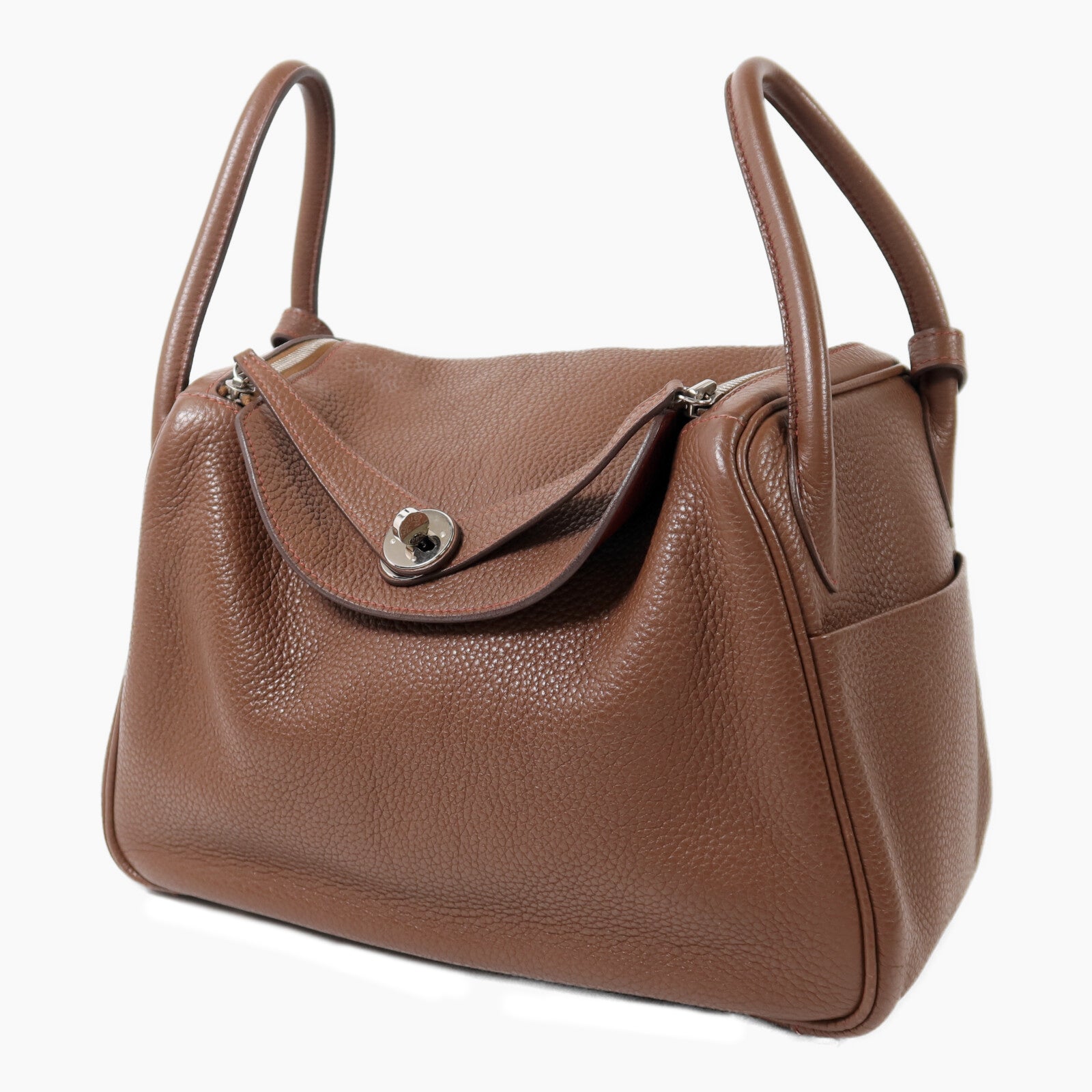 HERMES Clemence皮革Lindy 30銀扣肩背袋Havane/Rouge Grenade