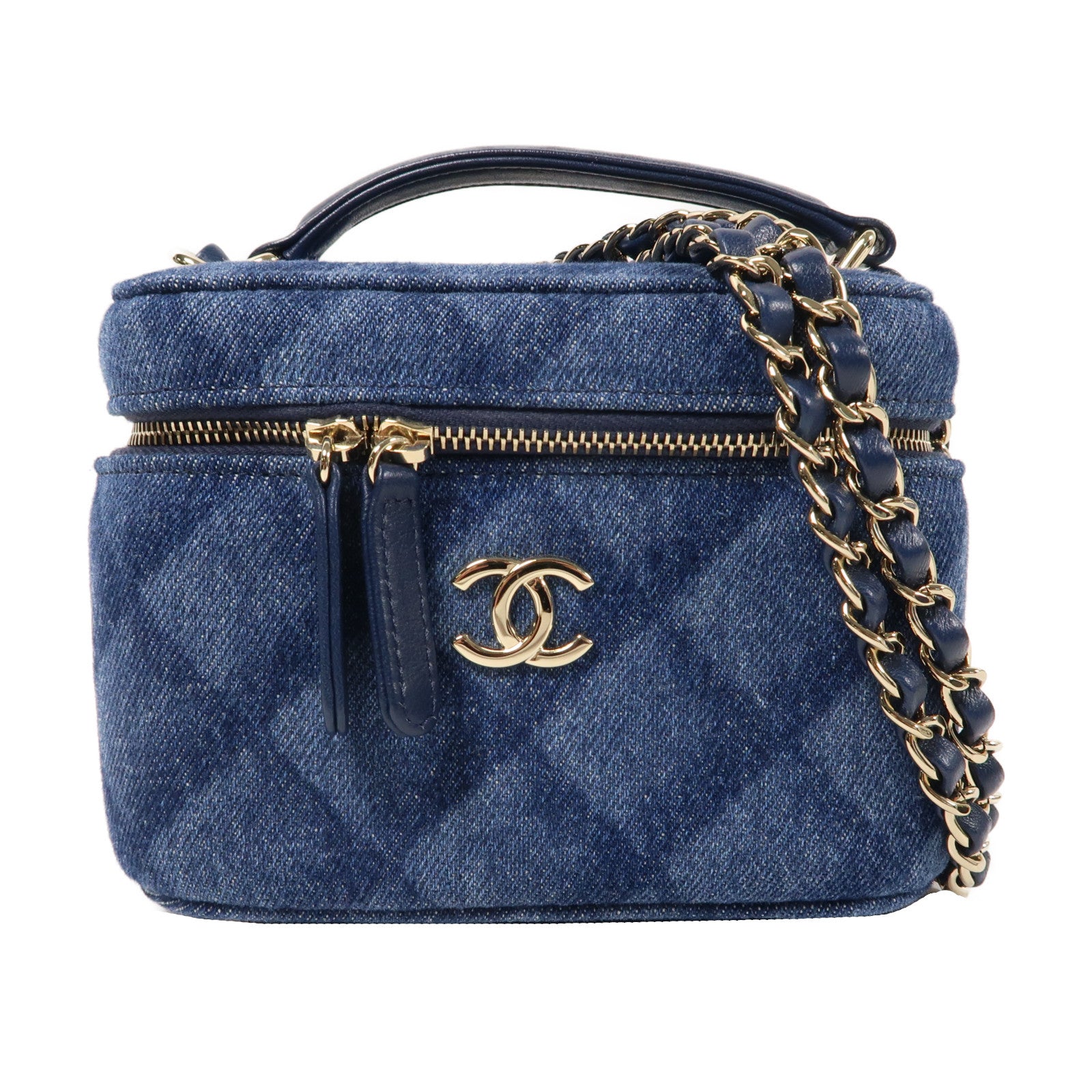 CHANEL 菱格牛仔布Vanity Case金扣手挽肩背兩用袋藍色