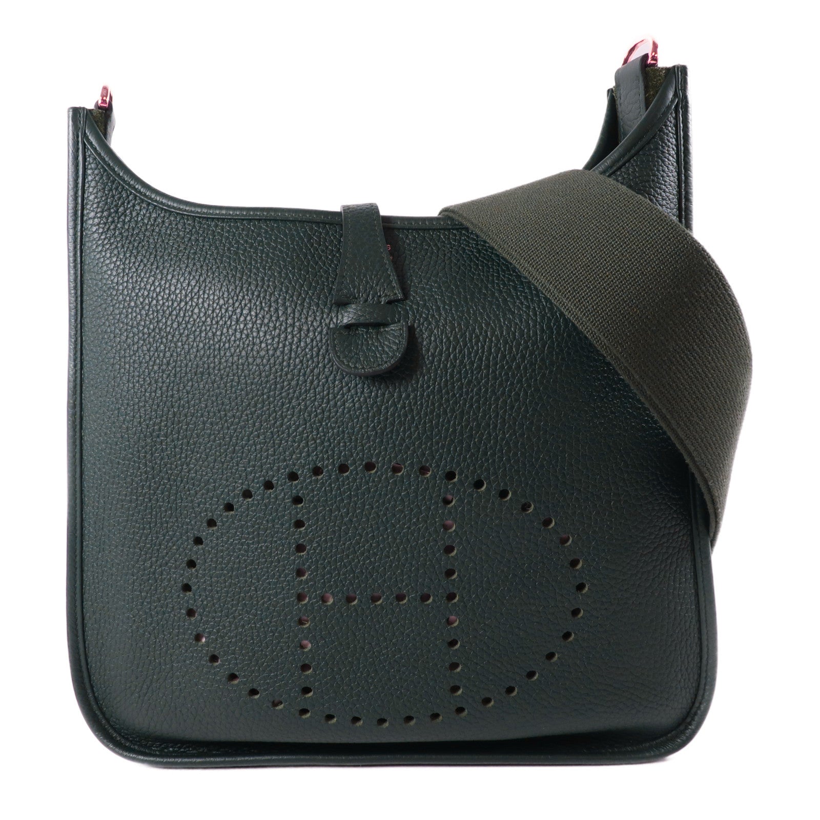 HERMES Clemence皮革Evelyne PM金扣肩背袋vert cypress墨綠色