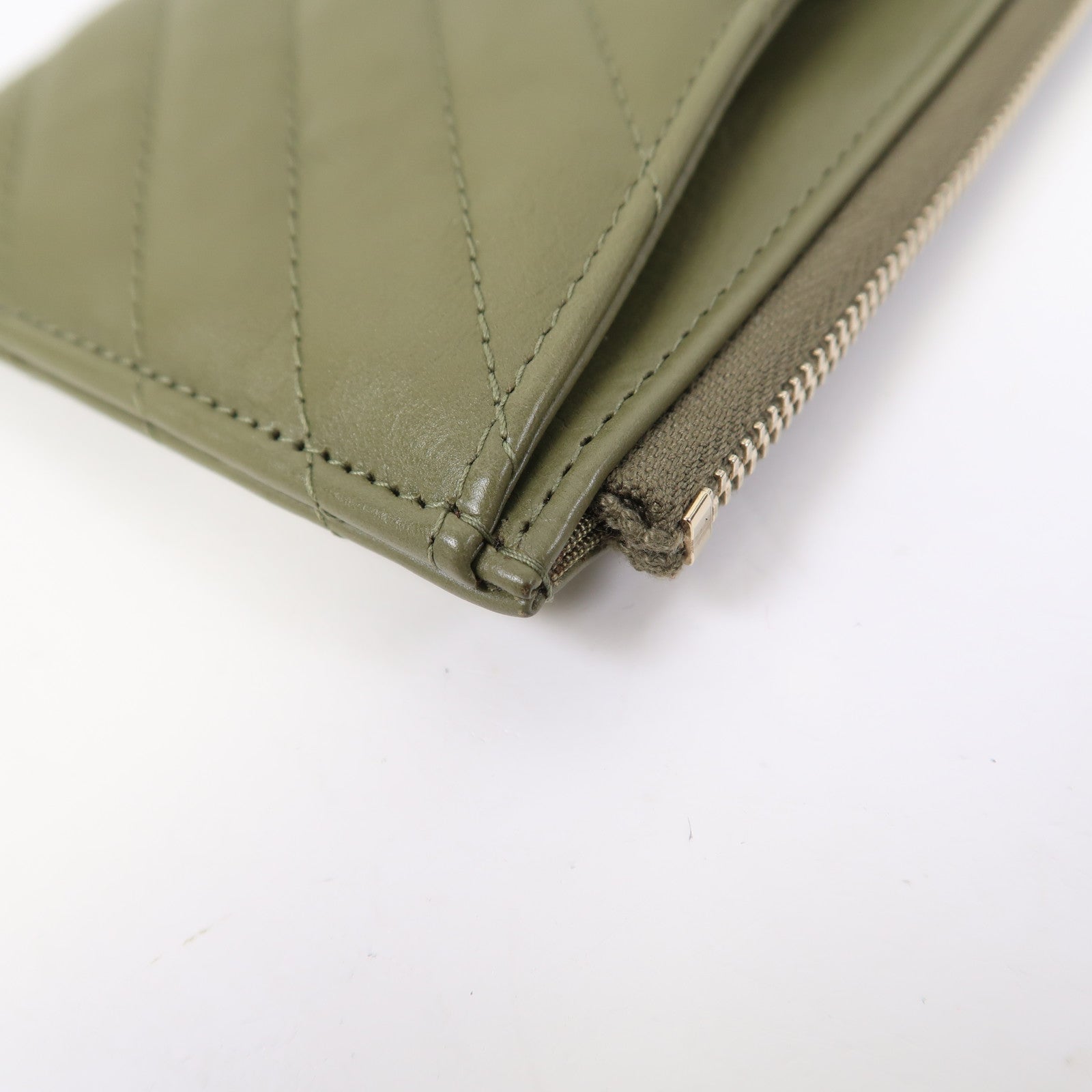 CHANEL 斜紋牛皮皮革Long Wallet金扣長錢包綠色