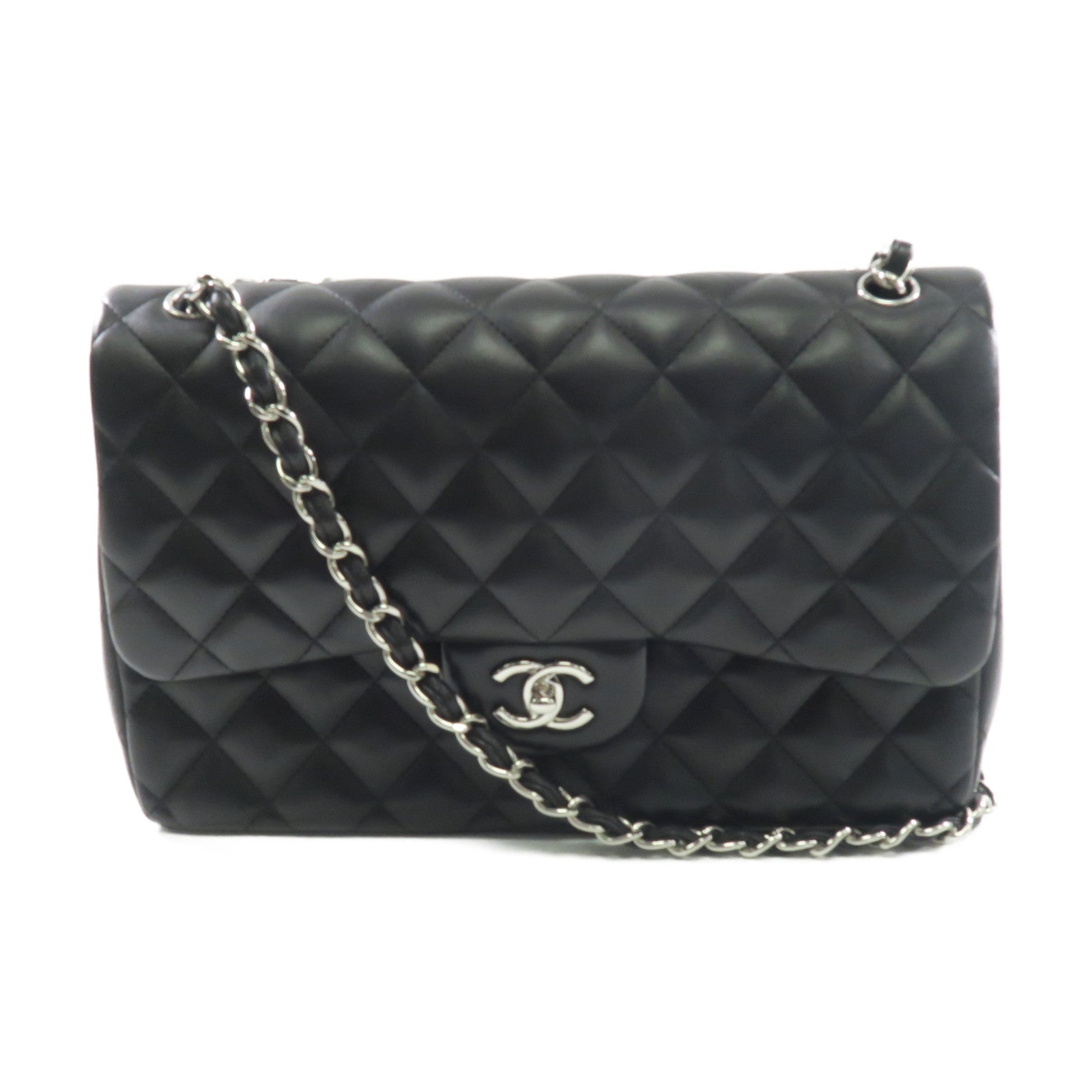 CHANEL 羊皮皮革Large Classic銀扣鏈帶肩背袋黑色