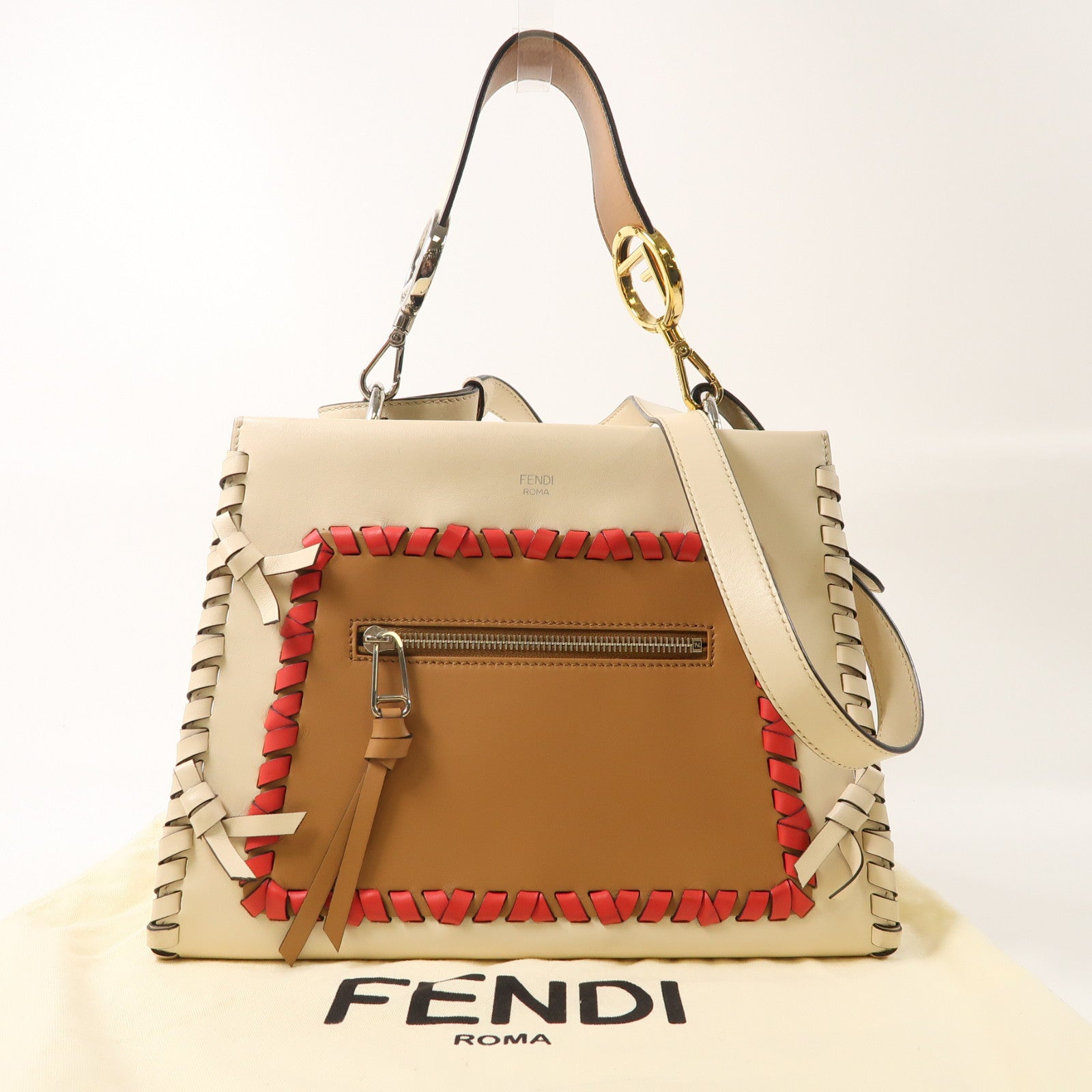 FENDI 牛皮皮革Runaway銀扣手挽肩背兩用袋米色/啡色