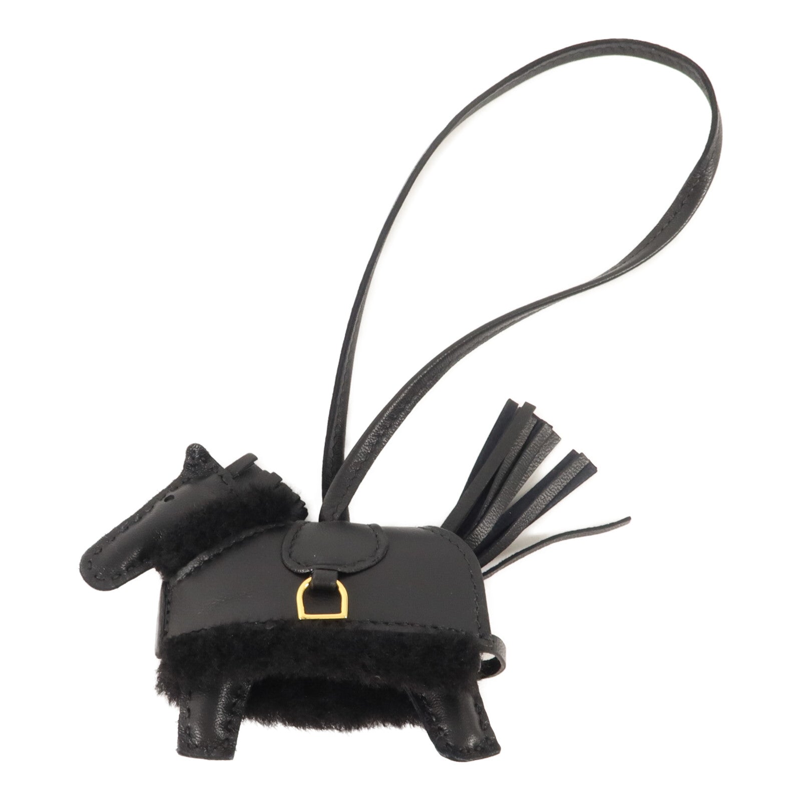 HERMES Milo皮革/羊毛Rodeo Robeo Plush PM掛飾Noir