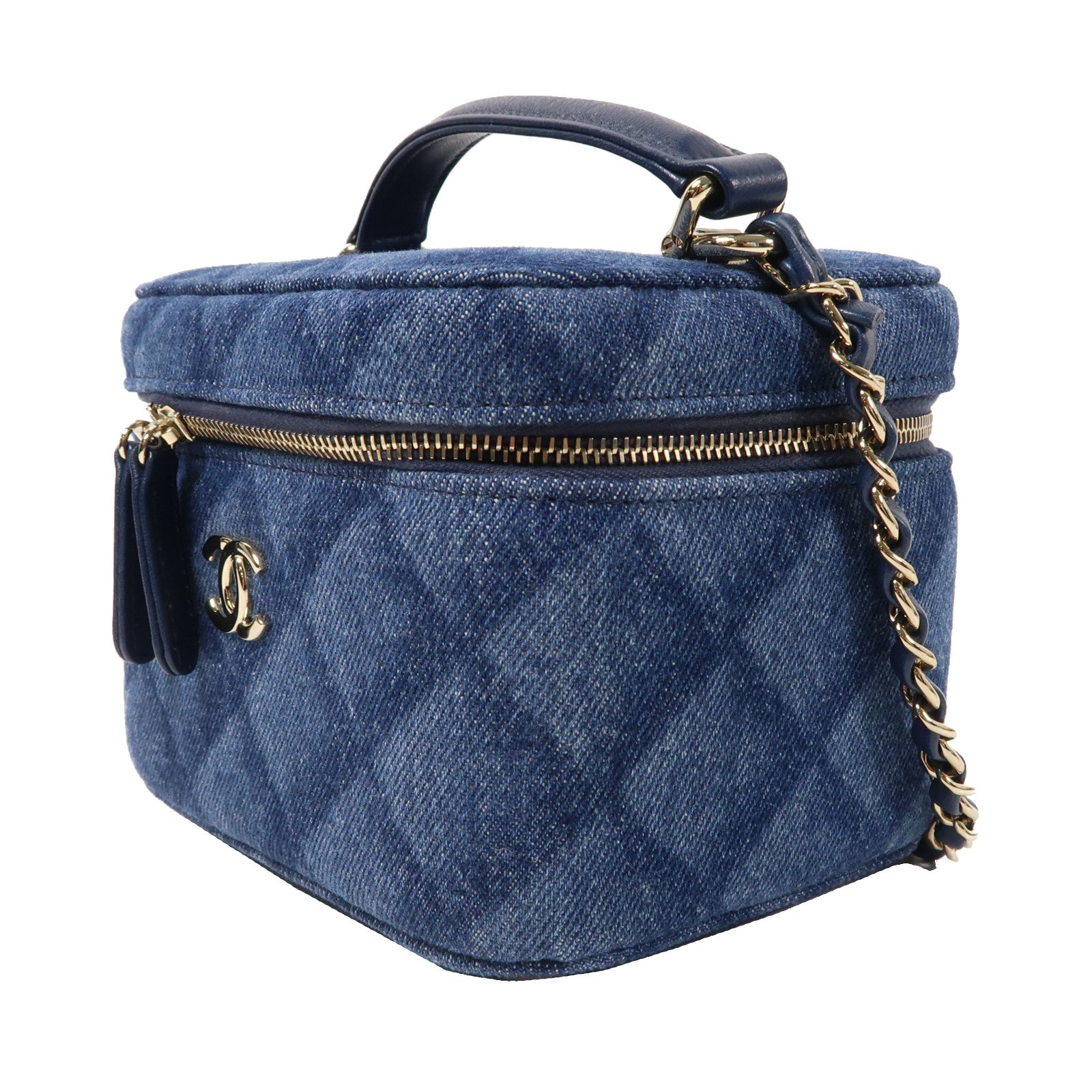 CHANEL 菱格牛仔布Vanity Case金扣手挽肩背兩用袋藍色