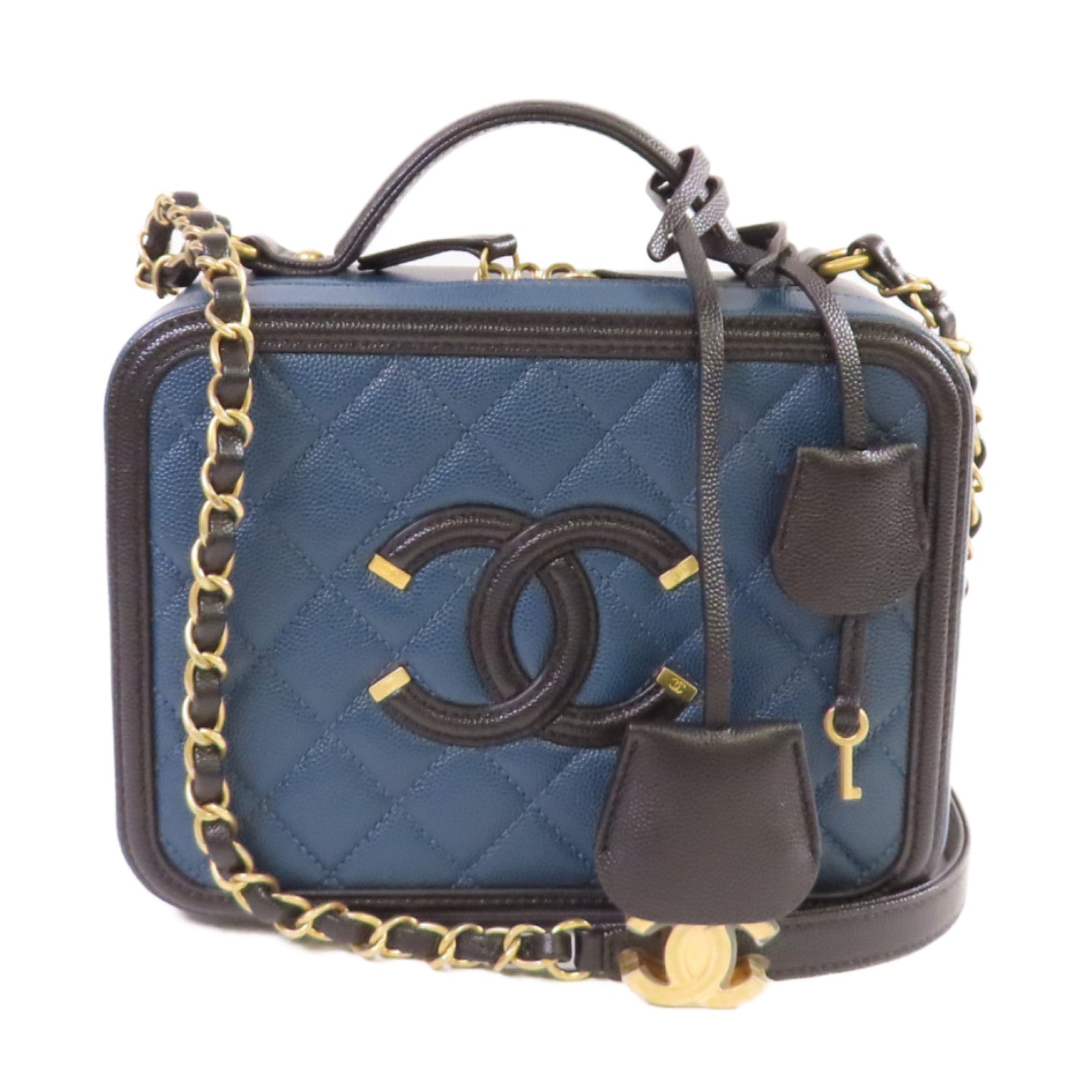 CHANEL 【激減優惠】菱格Caviar皮革Vanity Chain 2Way Shoulder Bag金扣鏈帶手挽肩背兩用袋寶藍色/黑色