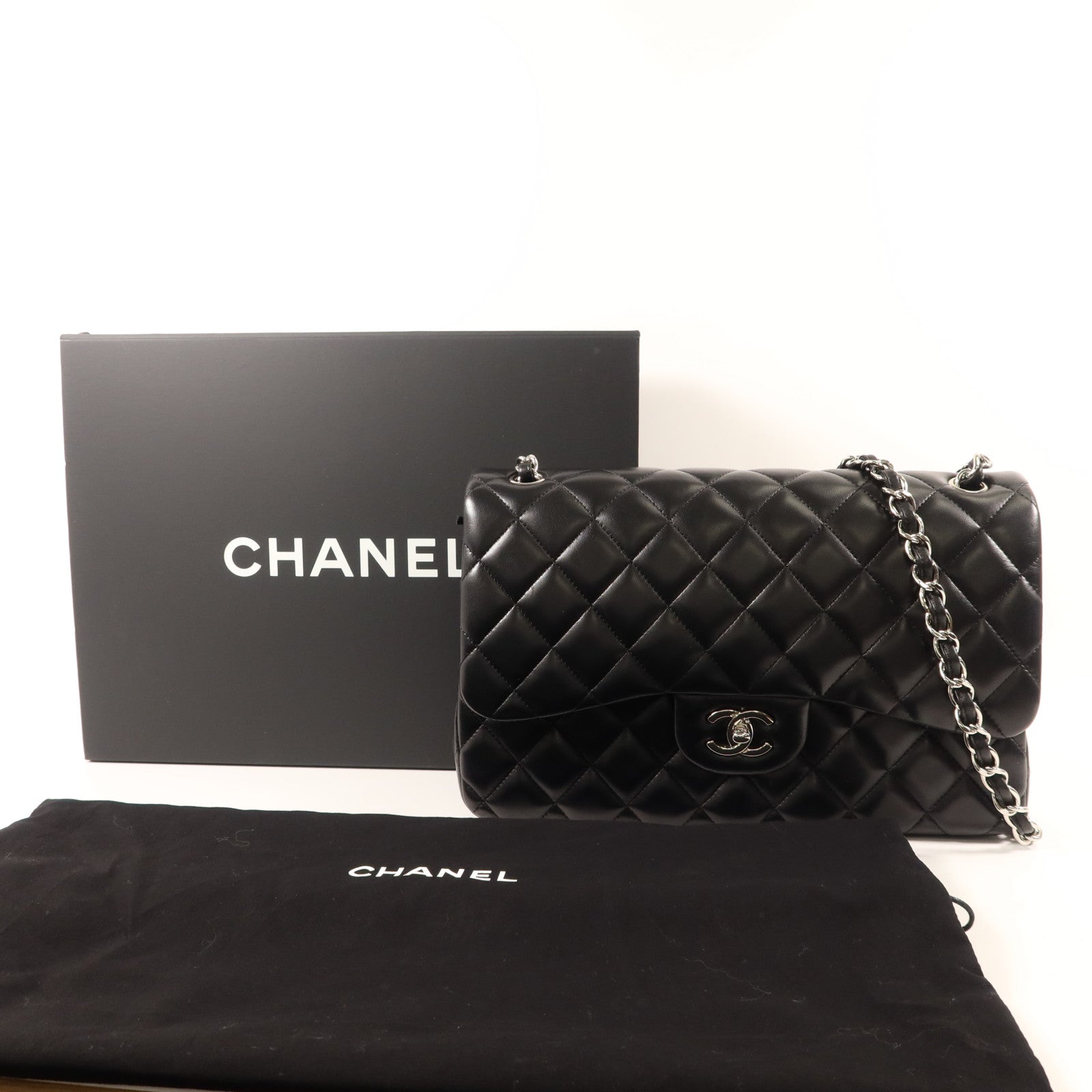 CHANEL 羊皮皮革Large Classic銀扣鏈帶肩背袋