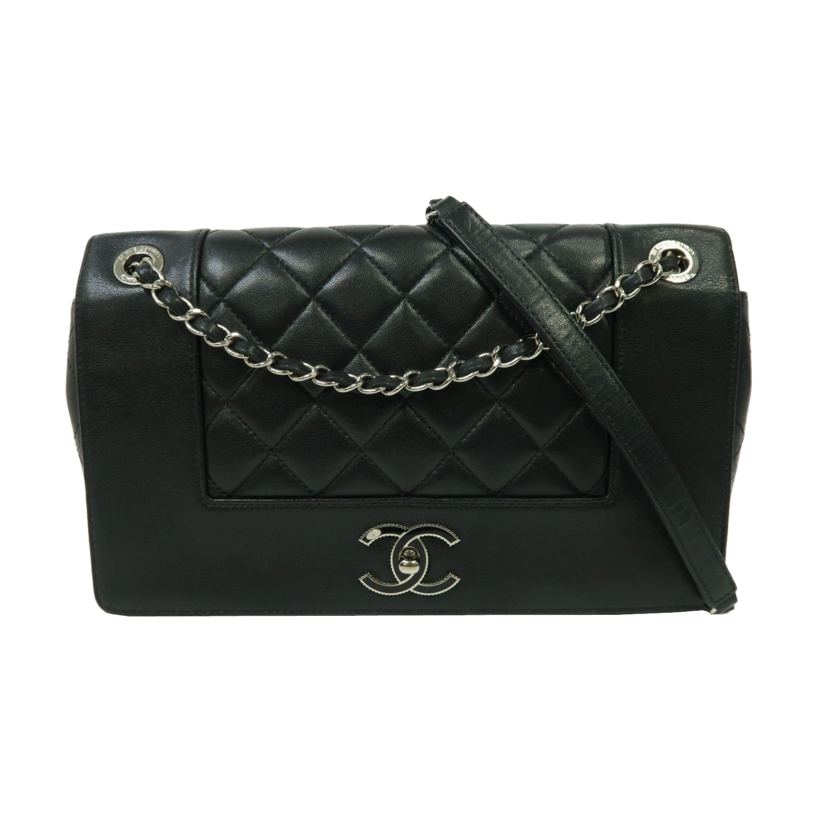 CHANEL 【激減優惠】菱格牛皮皮革Mademoiselle Chain Shoulder Bag銀扣鏈帶肩背袋黑色