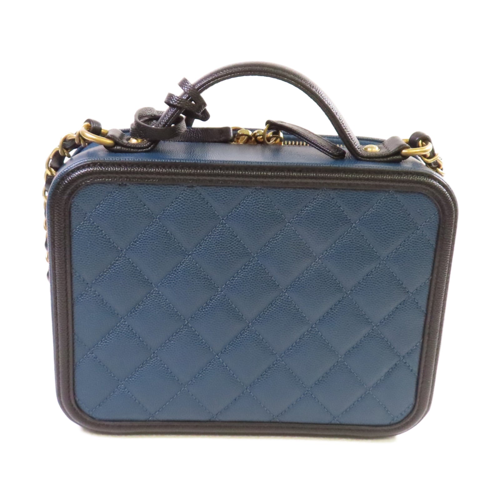 CHANEL 【激減優惠】菱格Caviar皮革Vanity Chain 2Way Shoulder Bag金扣鏈帶手挽肩背兩用袋寶藍色/黑色