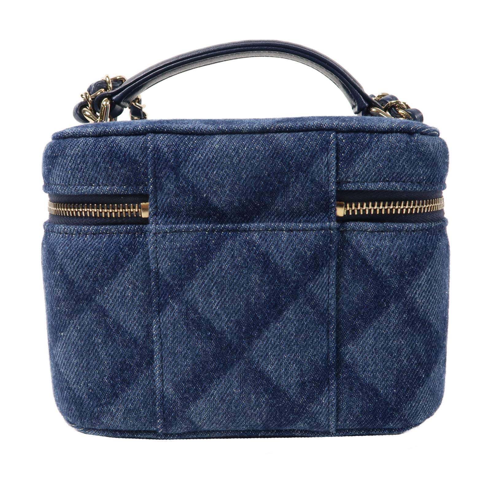 CHANEL 菱格牛仔布Vanity Case金扣手挽肩背兩用袋藍色