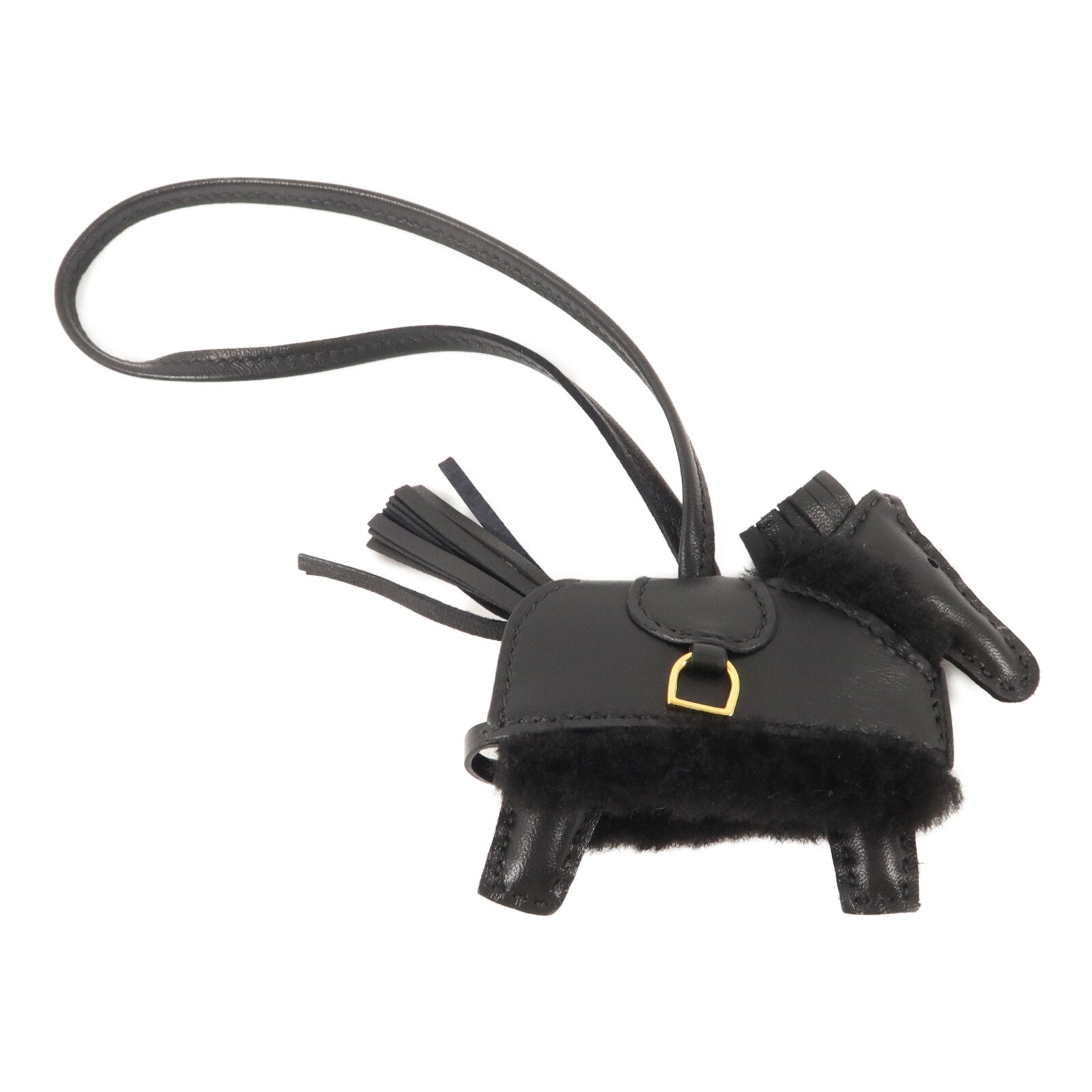HERMES Milo皮革/羊毛Rodeo Robeo Plush PM掛飾Noir