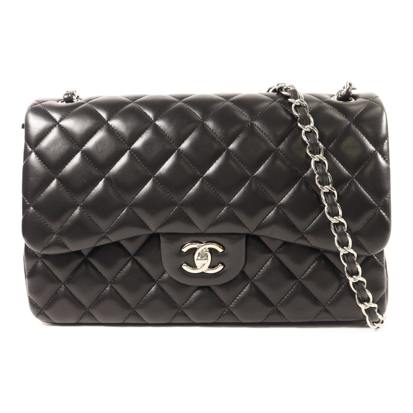 CHANEL 羊皮皮革Large Classic銀扣鏈帶肩背袋