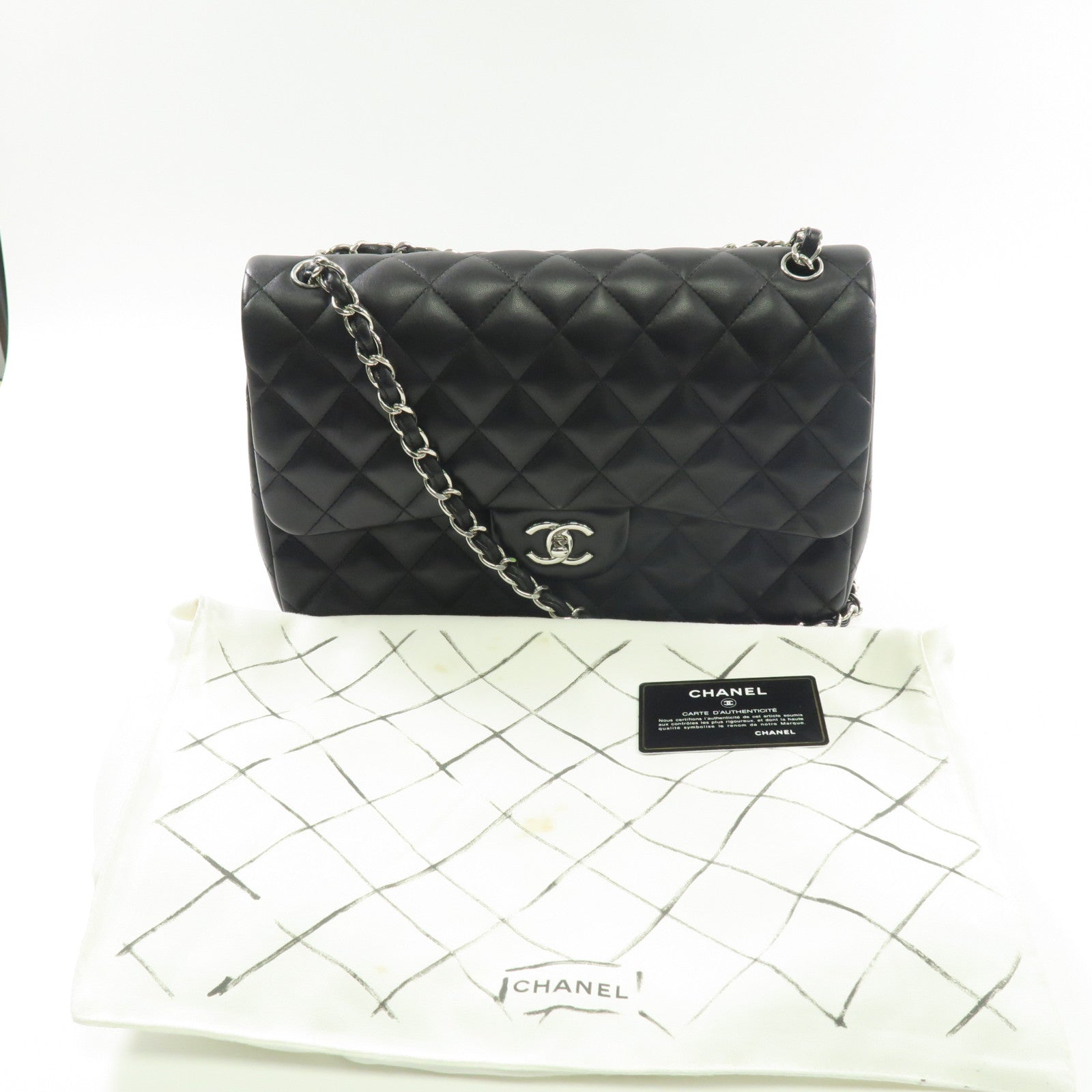 CHANEL 羊皮皮革Large Classic銀扣鏈帶肩背袋黑色